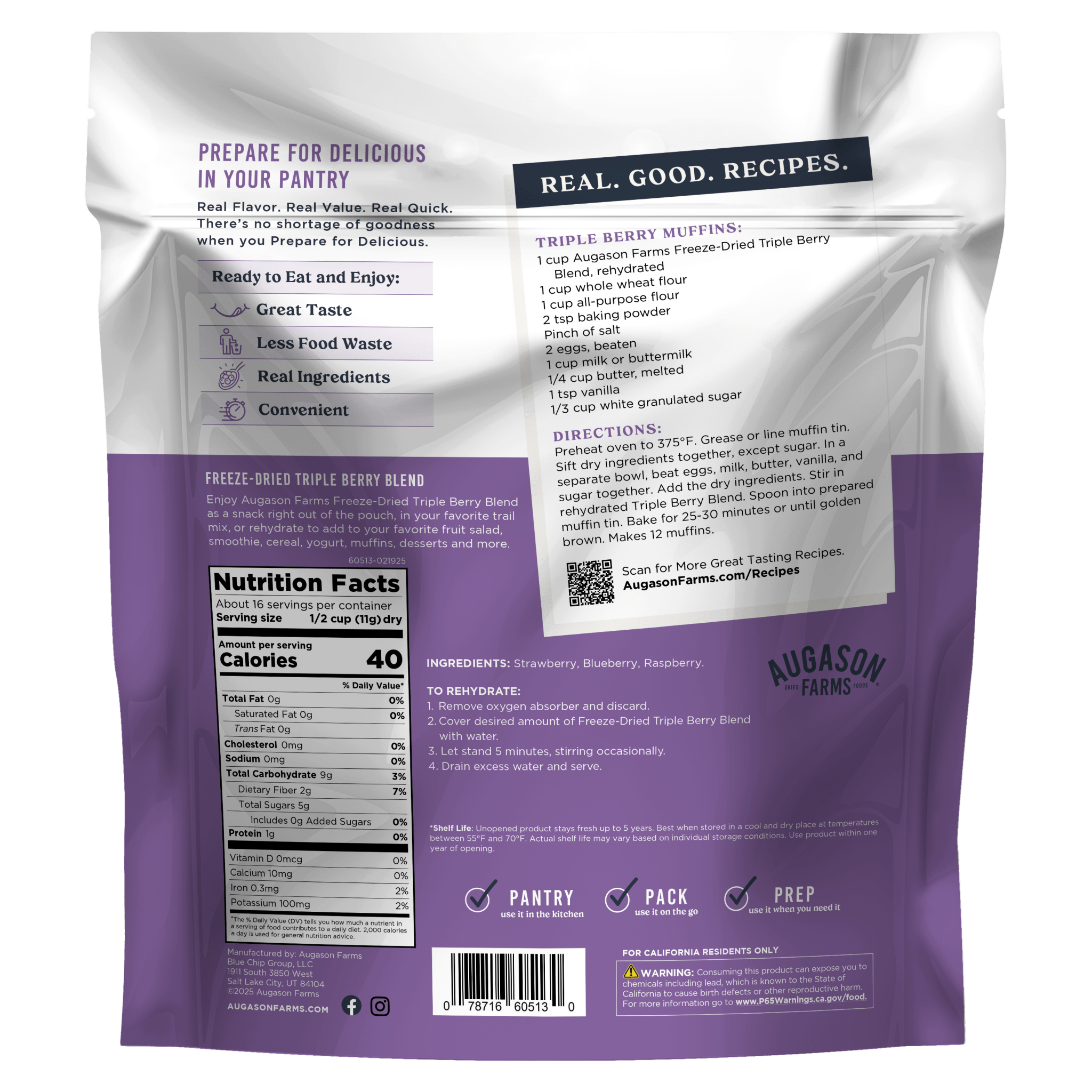 Augason Farms Freeze Dried Triple Berry Blend Family Size Pouch, 16 Servings Freeze Dried Triple Berry Blend Pouch - 16 Servings