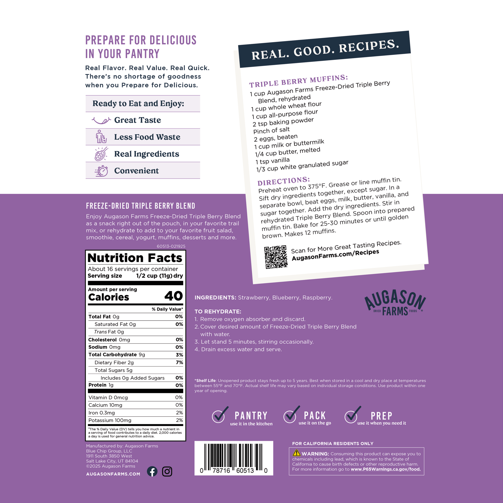 Augason Farms Freeze Dried Triple Berry Blend Family Size Pouch, 16 Servings Freeze Dried Triple Berry Blend Pouch - 16 Servings