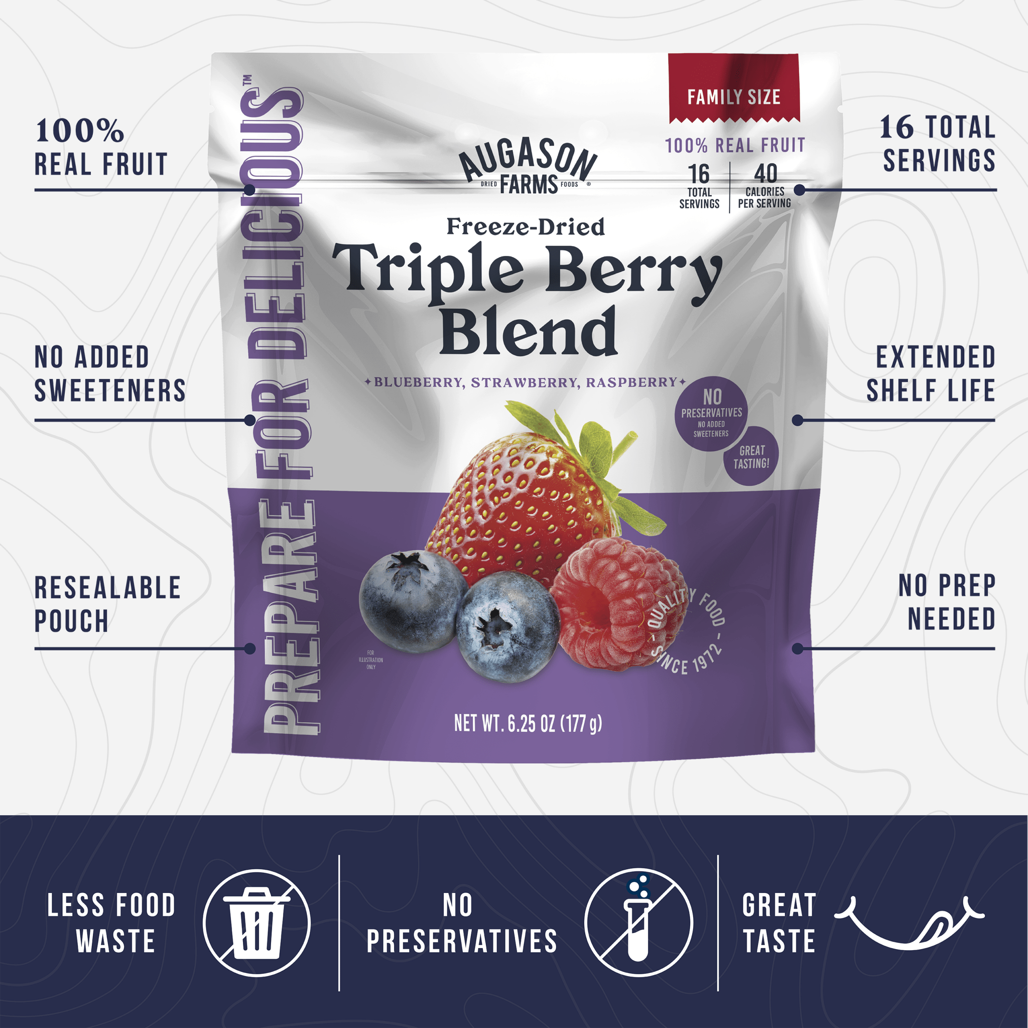Augason Farms Freeze Dried Triple Berry Blend Family Size Pouch, 16 Servings Freeze Dried Triple Berry Blend Pouch - 16 Servings