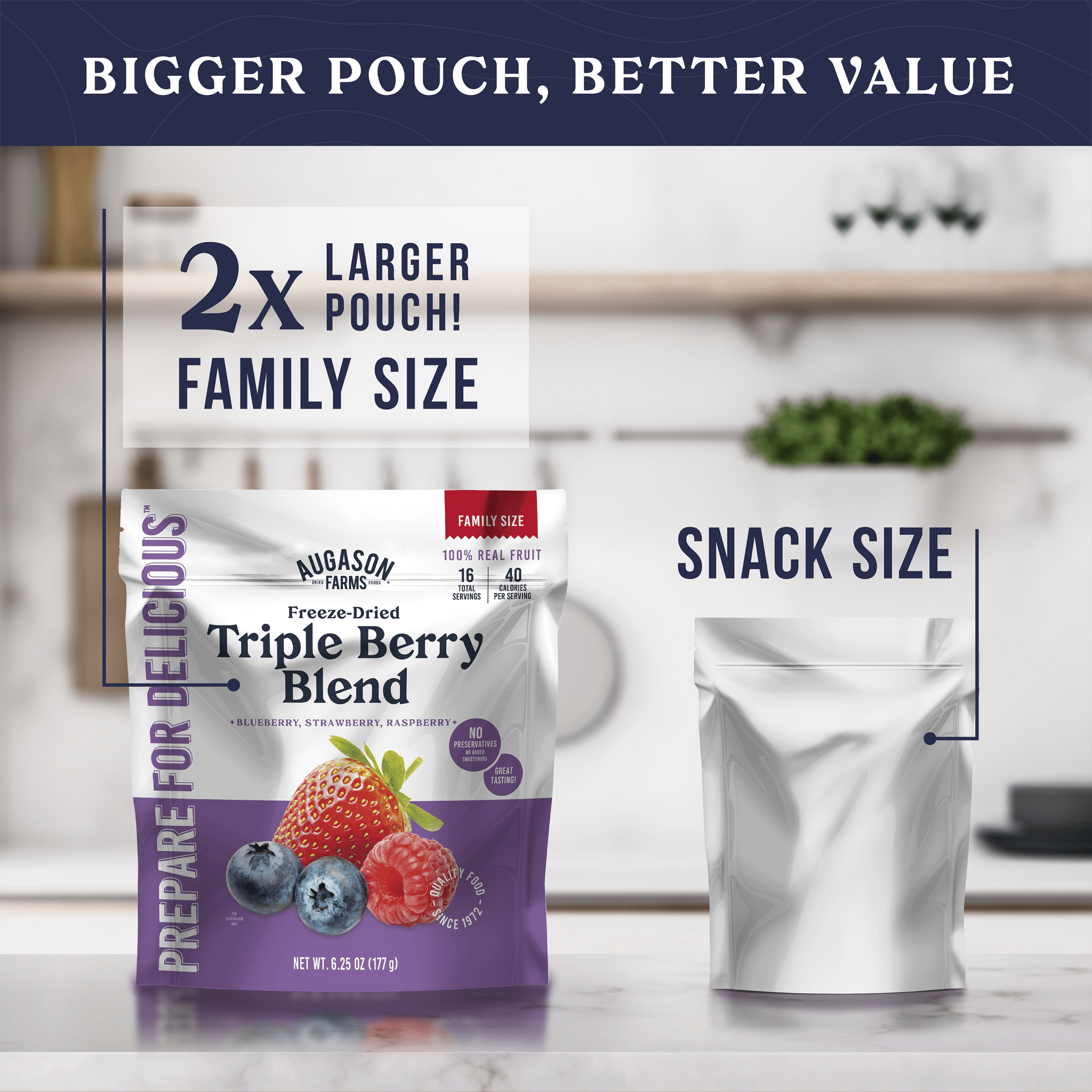 Augason Farms Freeze Dried Triple Berry Blend Family Size Pouch, 16 Servings Freeze Dried Triple Berry Blend Pouch - 16 Servings