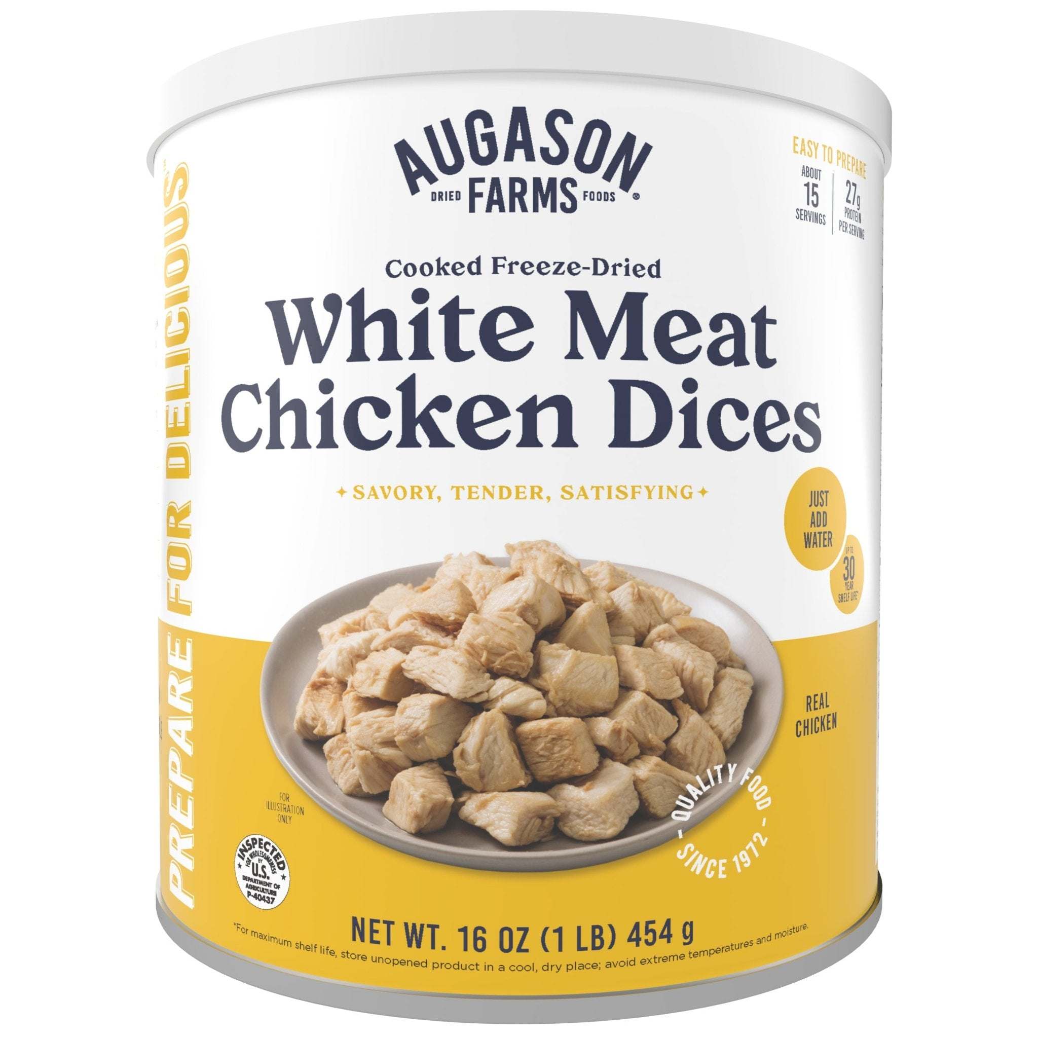 Can of cooked freeze dried white meat chicken dices, 15 servings, high protein emergency food