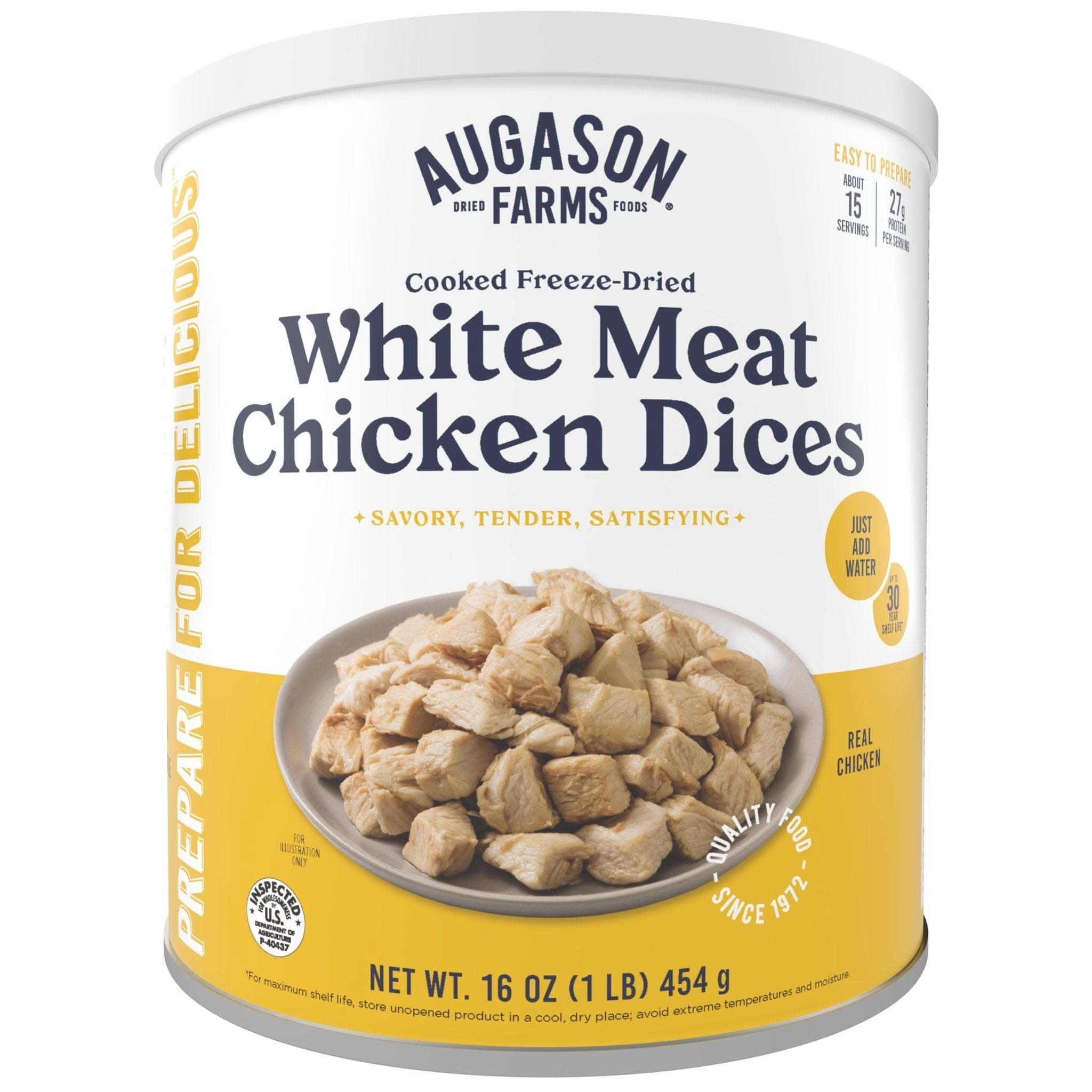 Augason Farms Cooked Freeze Dried White Meat Chicken Dices Can, 15 Servings Cooked Freeze Dried White Meat Chicken Dices Can - 15 Servings