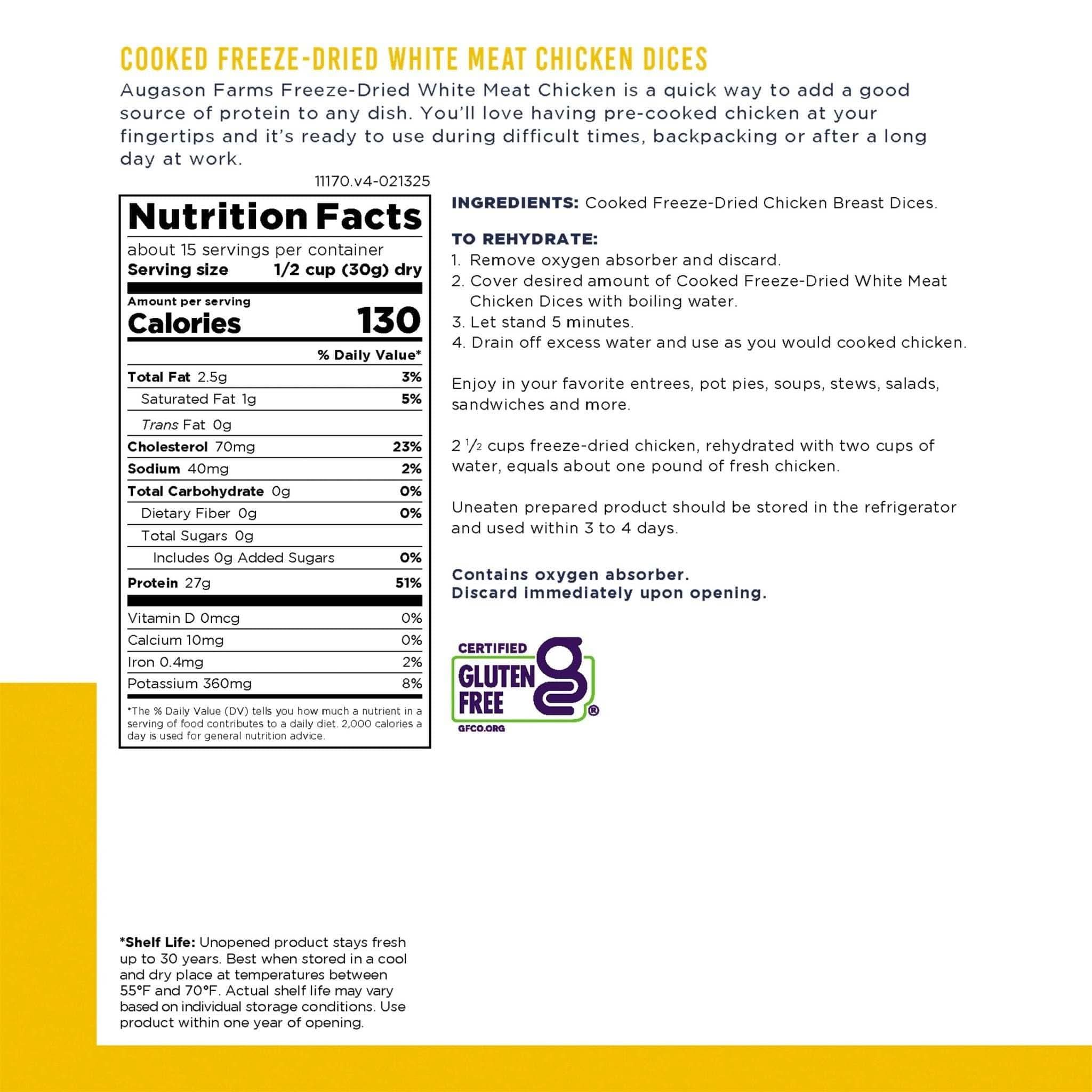 Augason Farms Cooked Freeze Dried White Meat Chicken Dices Can, 15 Servings Cooked Freeze Dried White Meat Chicken Dices Can - 15 Servings