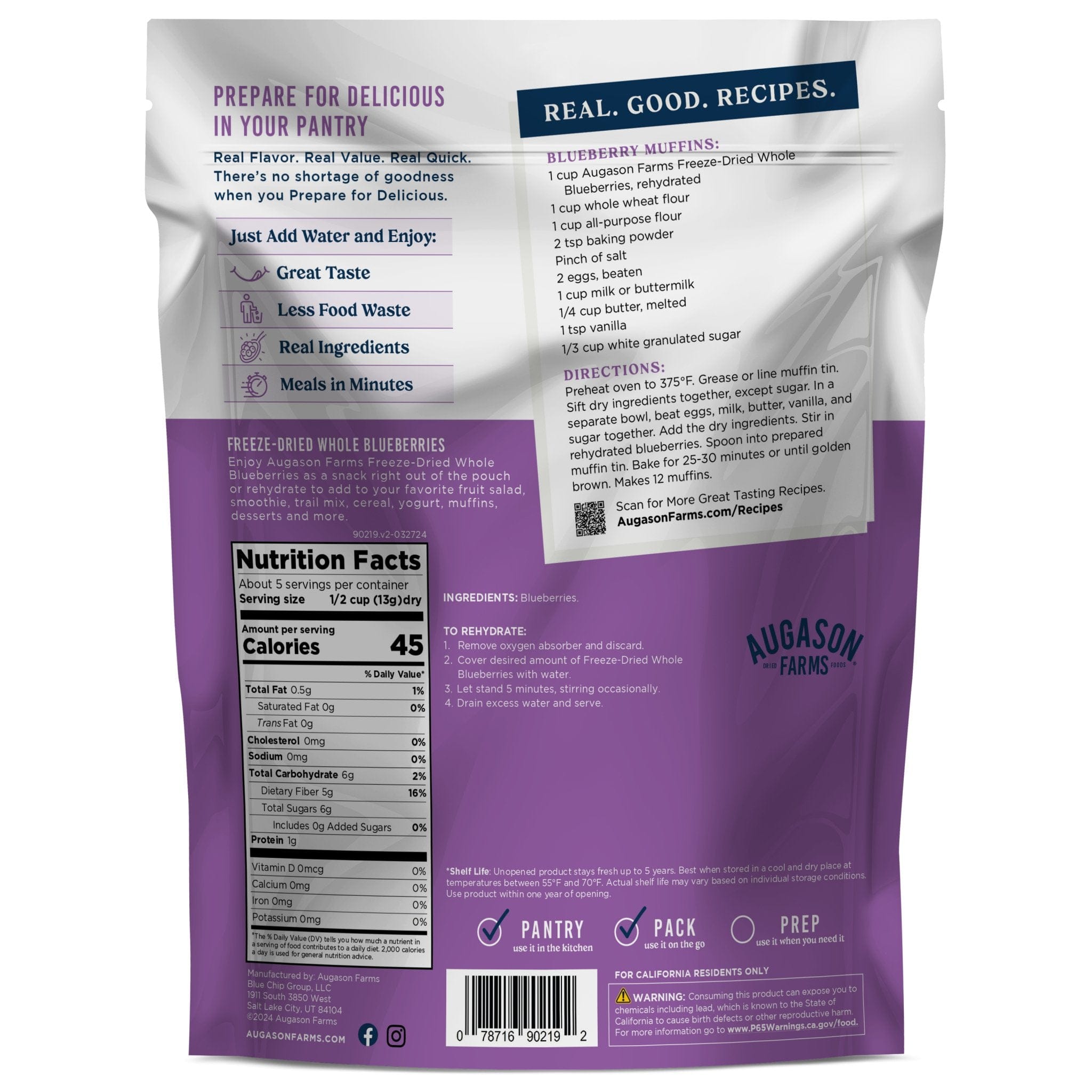 Augason Farms Freeze Dried Whole Blueberries Pouch, 5 Servings Freeze Dried Whole Blueberries Pouch - 5 Servings