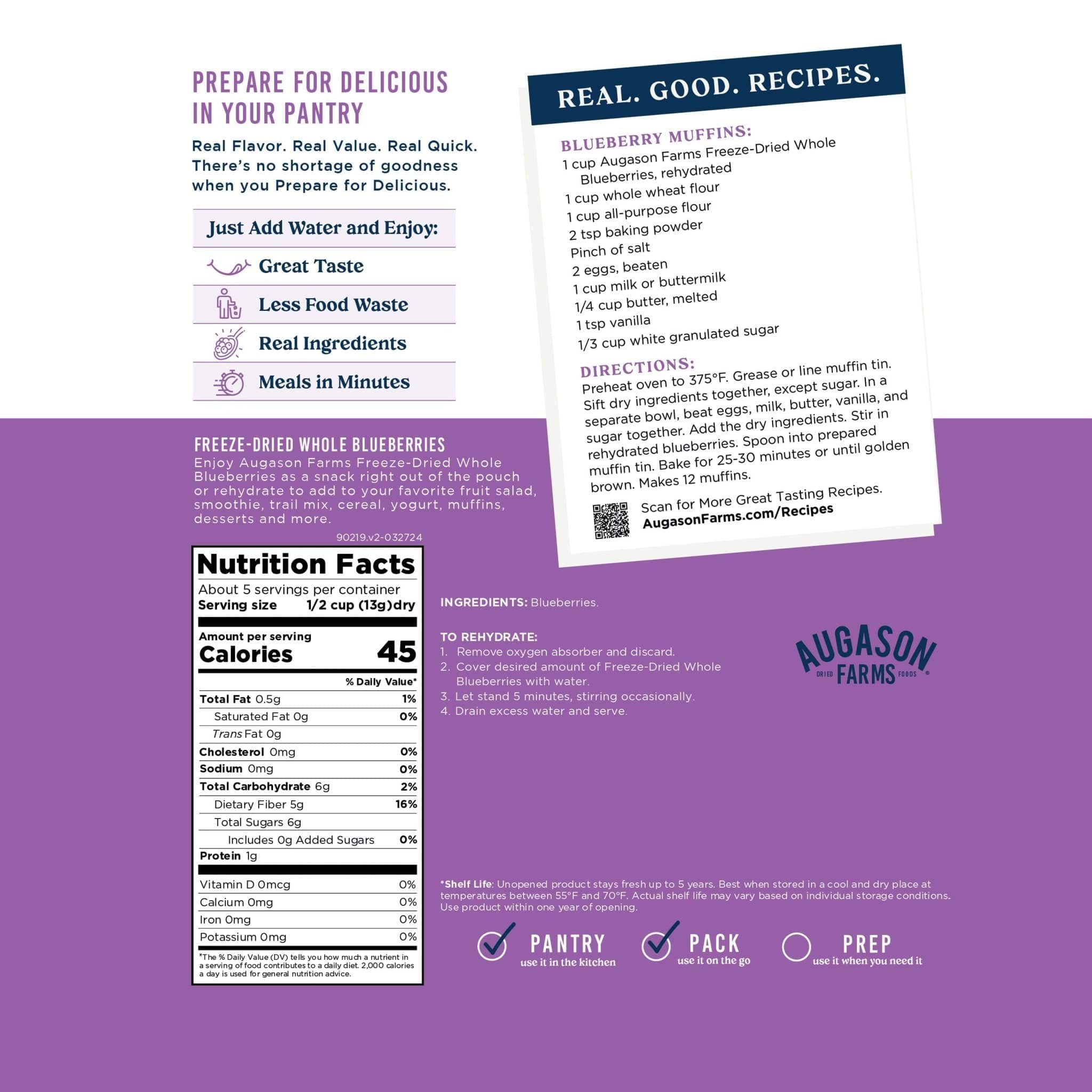 Augason Farms Freeze Dried Whole Blueberries Pouch, 5 Servings Freeze Dried Whole Blueberries Pouch - 5 Servings