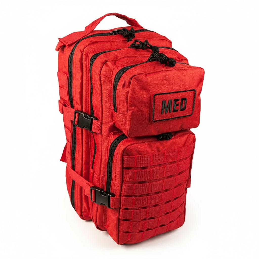 General Purpose First Aid Backpack with 70 professional supplies for burns, fractures, airway support, and wound care in a weather-resistant MOLLE pack