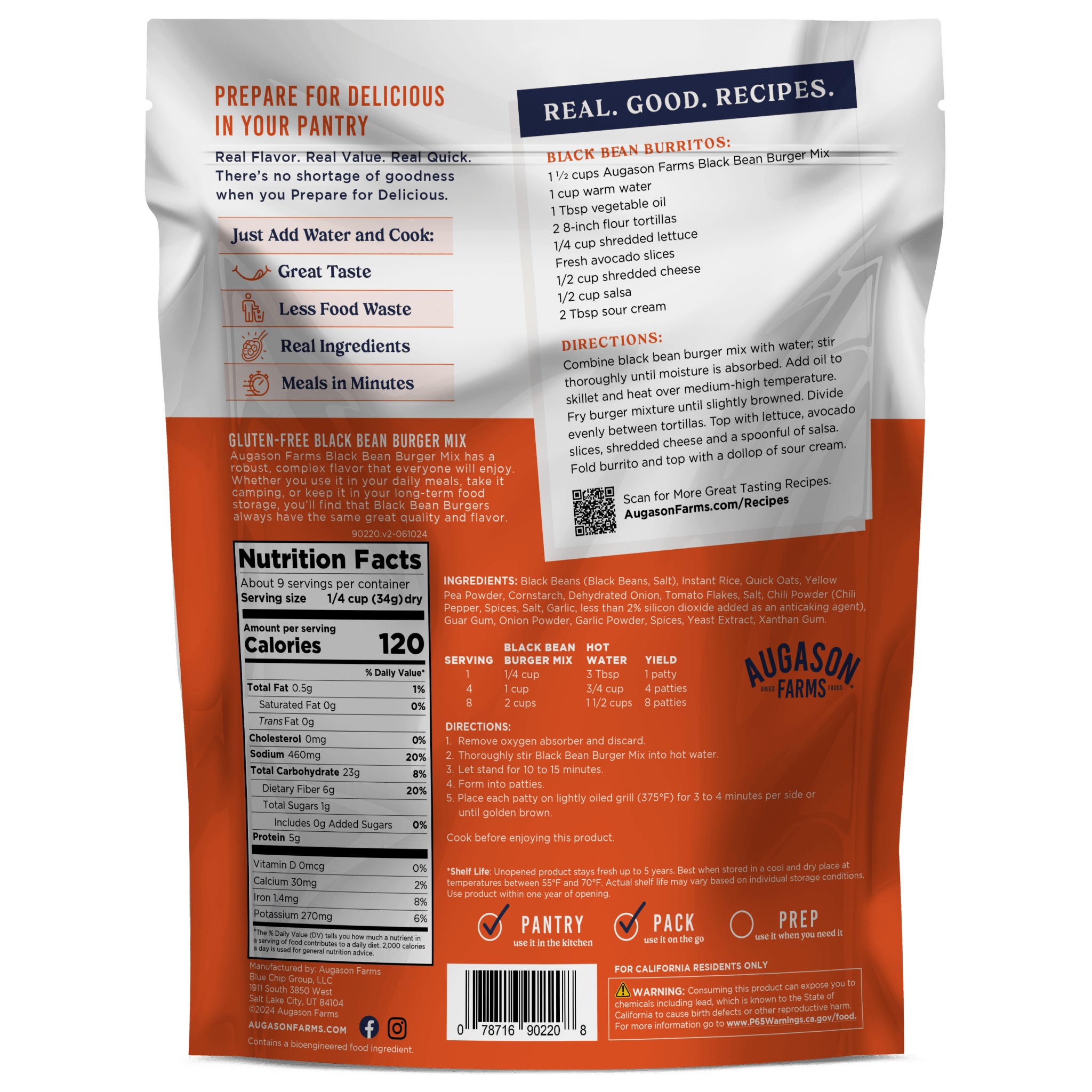 Augason Farms Gluten Free Black Bean Burger Mix Pouch, 9 Servings Gluten Free Black Bean Burger Mix Pouch - 9 Servings | Protein-Rich