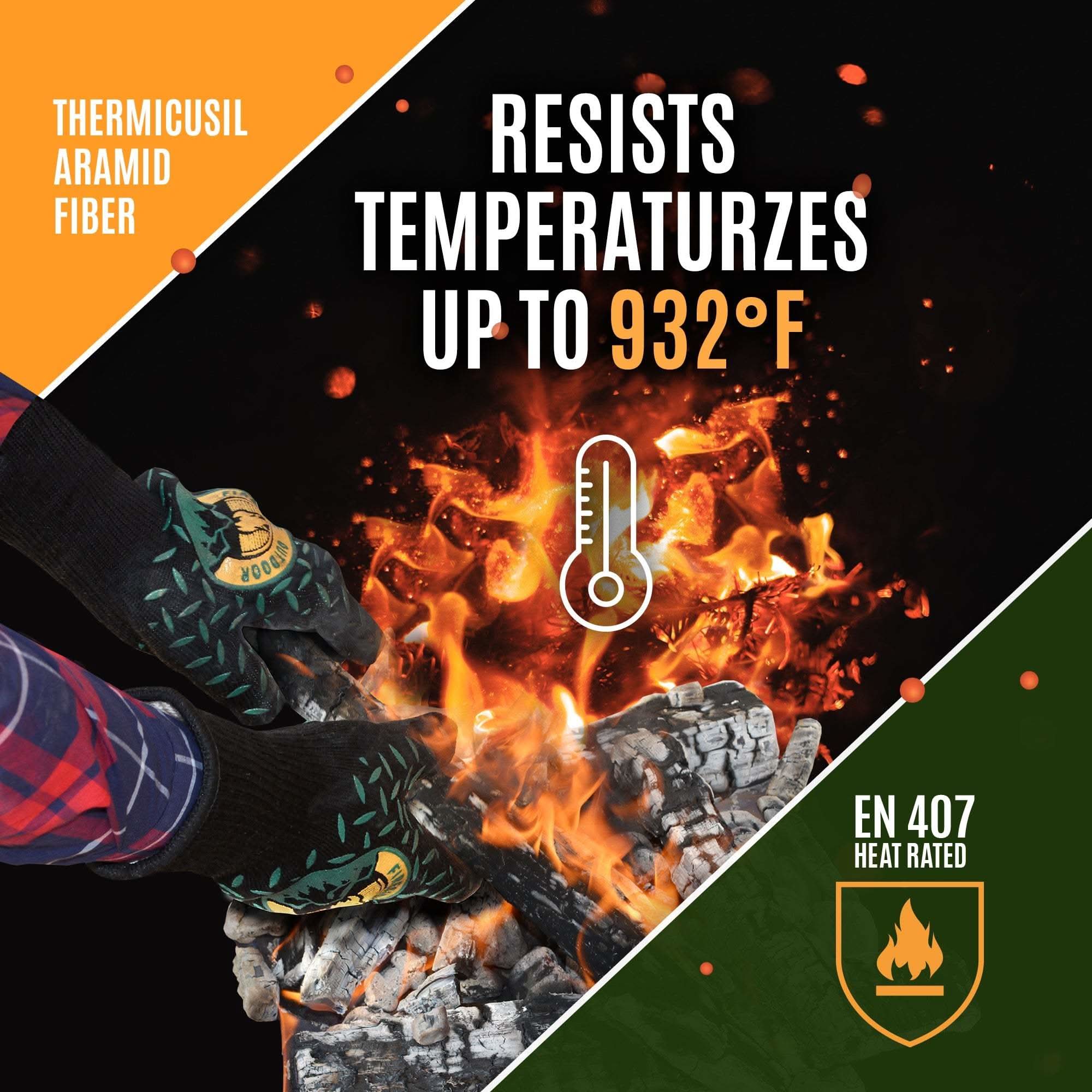 Fireside Outdoor Thermal Protection Gloves Thermal Protection Gloves - Heat Resistant BBQ & Fire Gloves, Up to 932F
