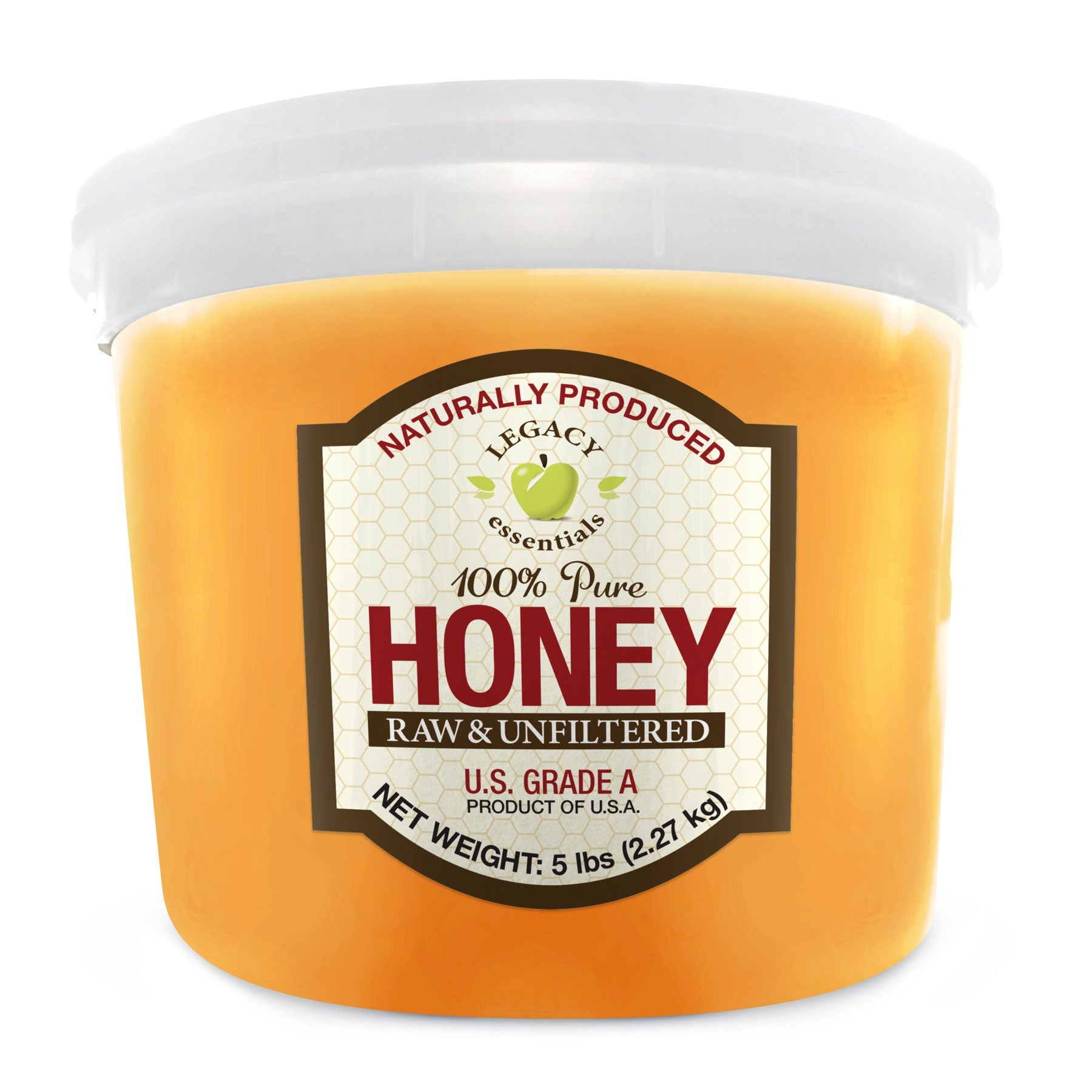Legacy Food Storage 100% pure raw and unfiltered honey in a 5 lb tub for long-term storage