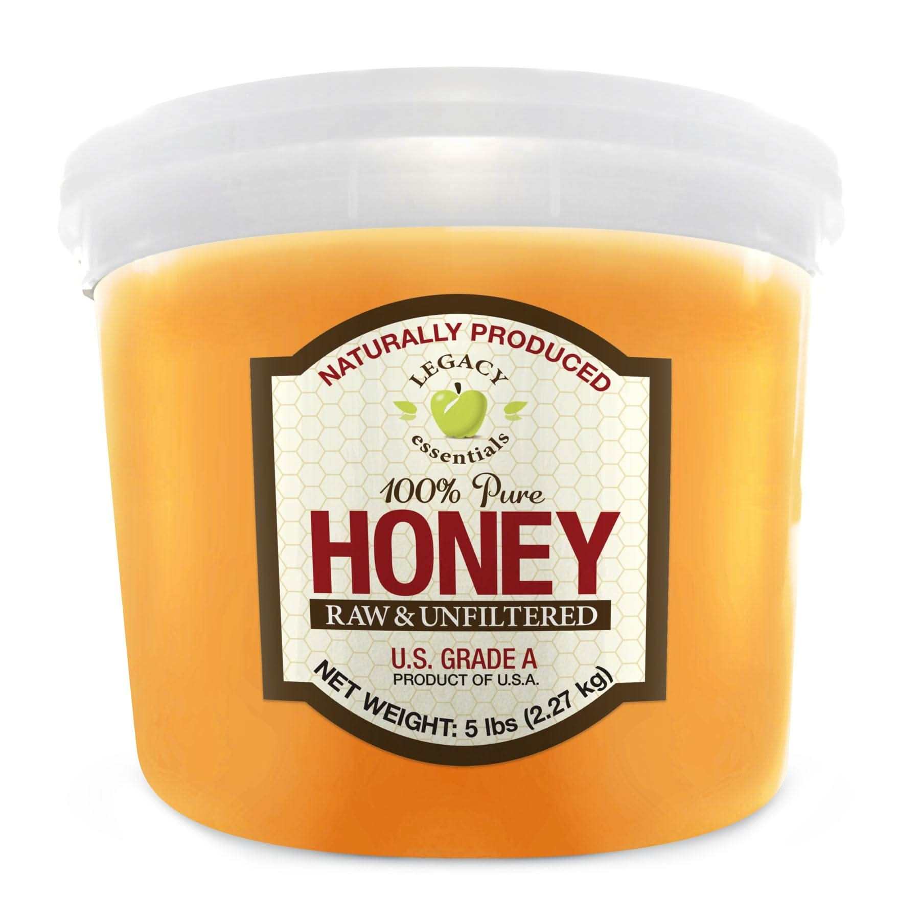 5 lb tub of 100% pure raw honey, unfiltered and unheated, organic and natural