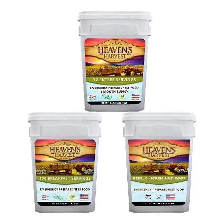 Emergency Food Storage Kits 1 Month Combo Kit with 3 buckets of freeze-dried meals and proteins for one person.