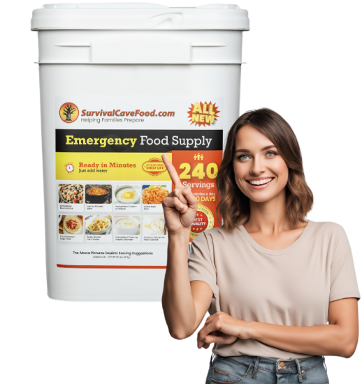 Couple pointing at a Survival Cave Ultimate 240-serving emergency meal kit bucket