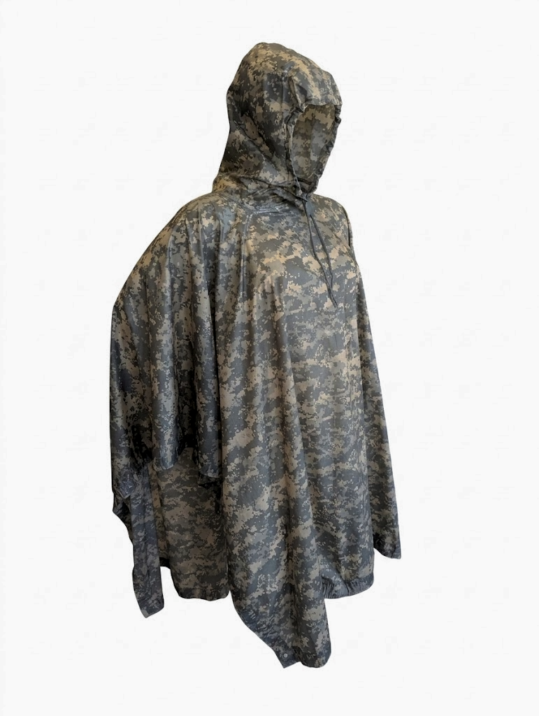 Military wet weather poncho in ACU/UCP camo, waterproof surplus rain protection that doubles as a shelter tarp