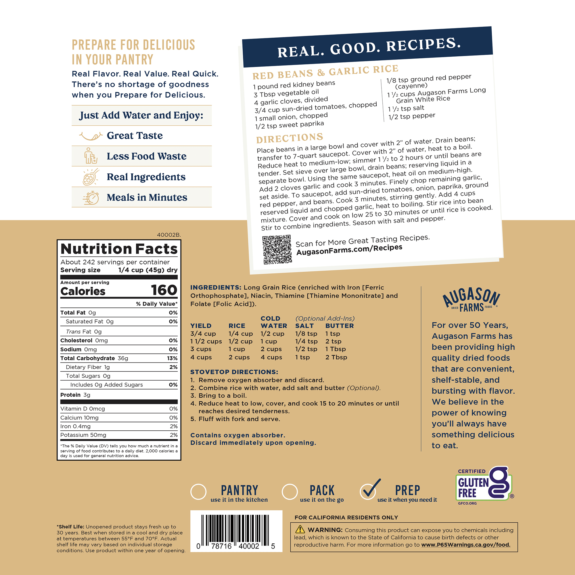 Augason Farms Long Grain White Rice, 242 Servings Long Grain White Rice Pail - 242 Servings