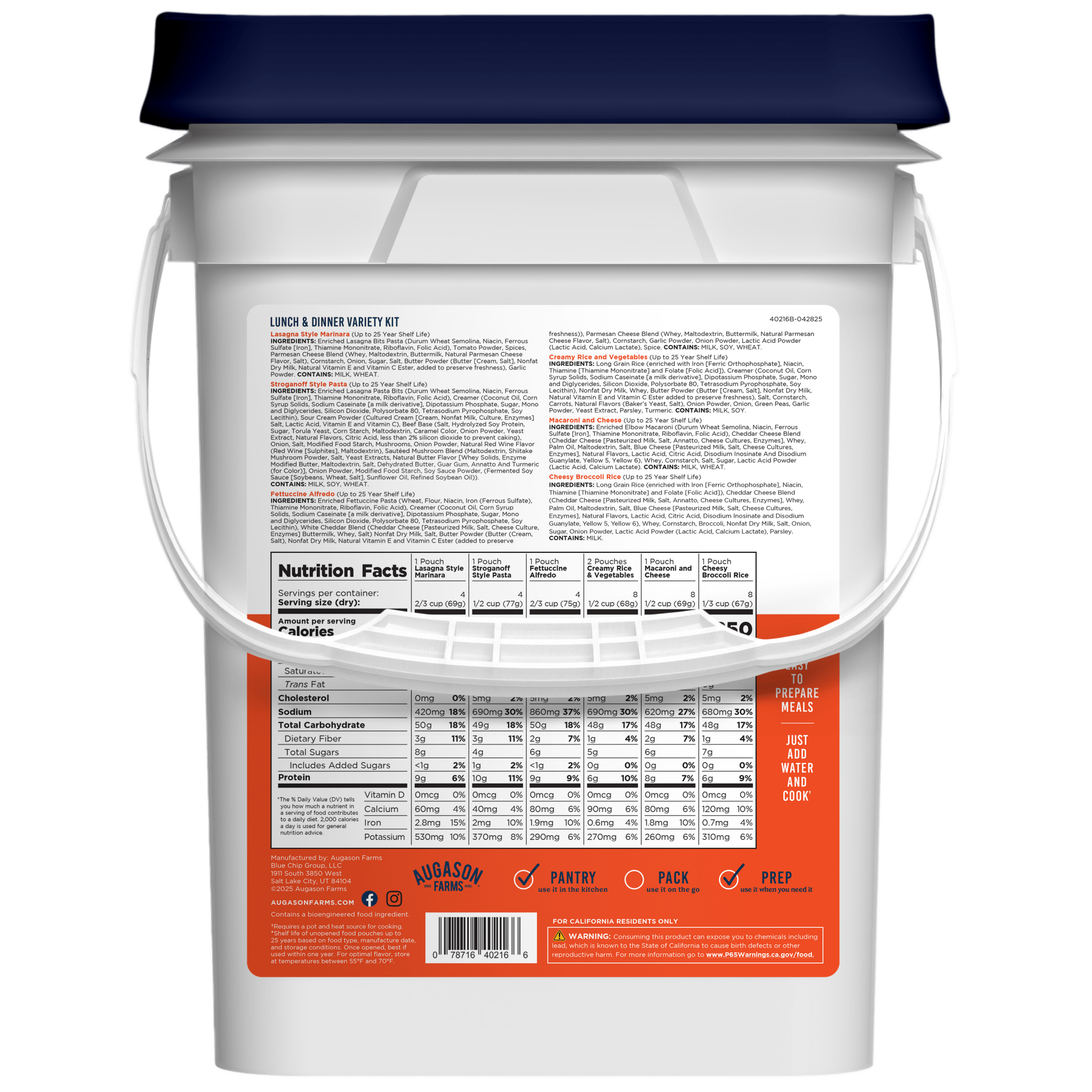 Augason Farms Lunch and Dinner Variety Pail with 12 emergency meal options in a 113-serving bucket