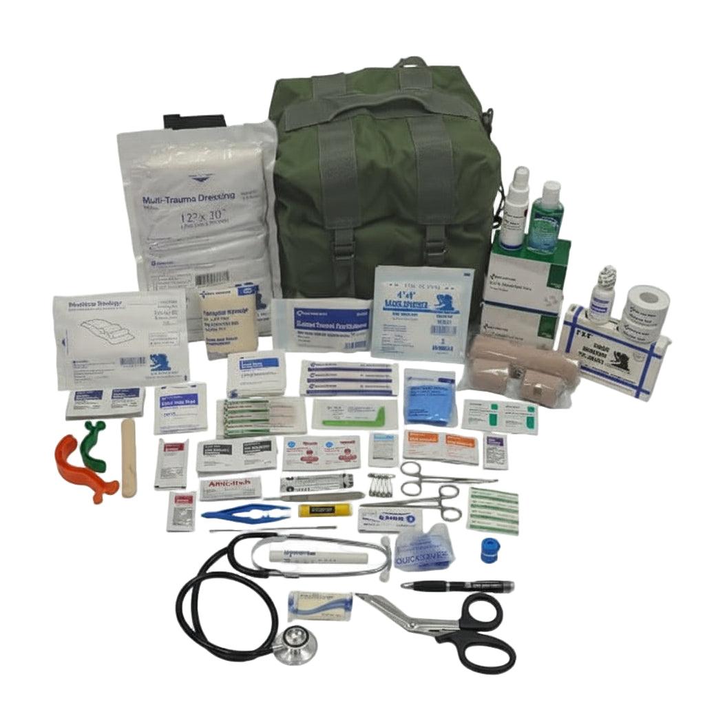 M-17 Medic Kit with 6-compartment canvas bag and over 200 trauma response items for bleeding control and wound care