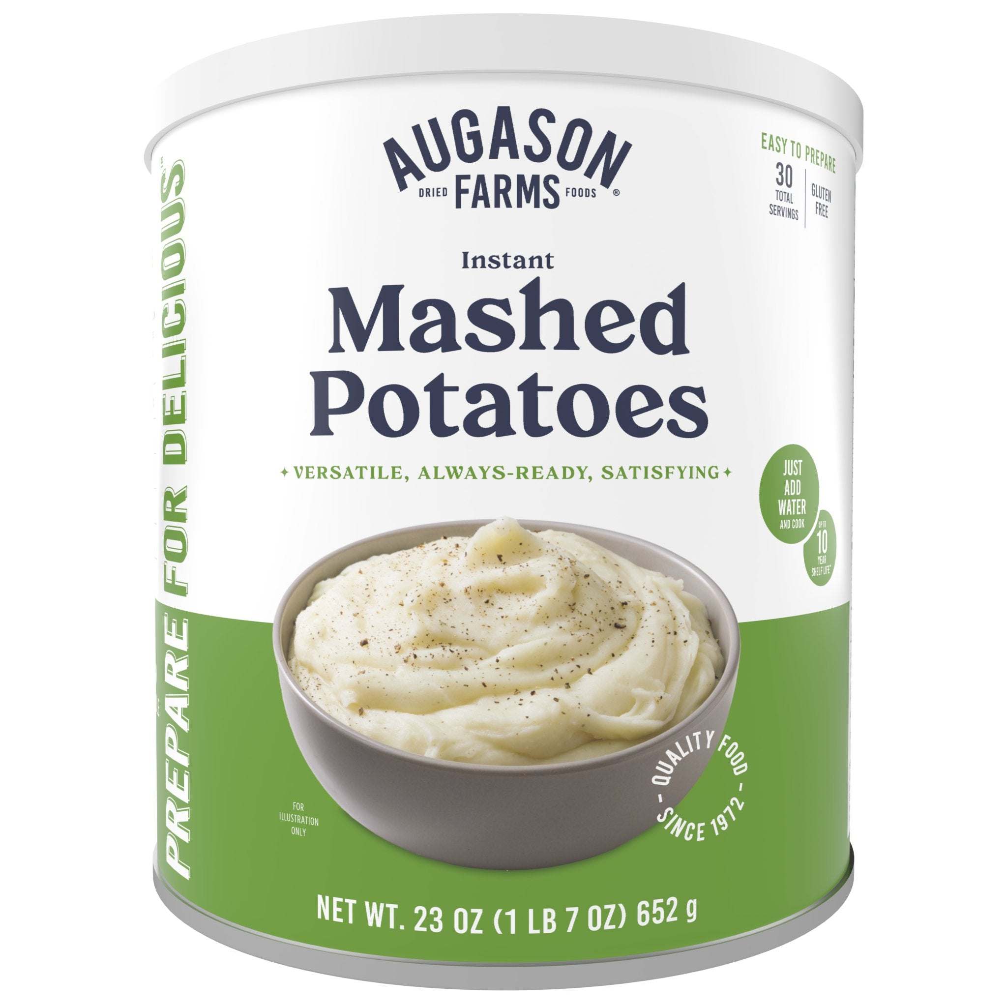 Augason Farms Instant Mashed Potatoes can with butter flavor, 30 servings, gluten-free and ready in minutes