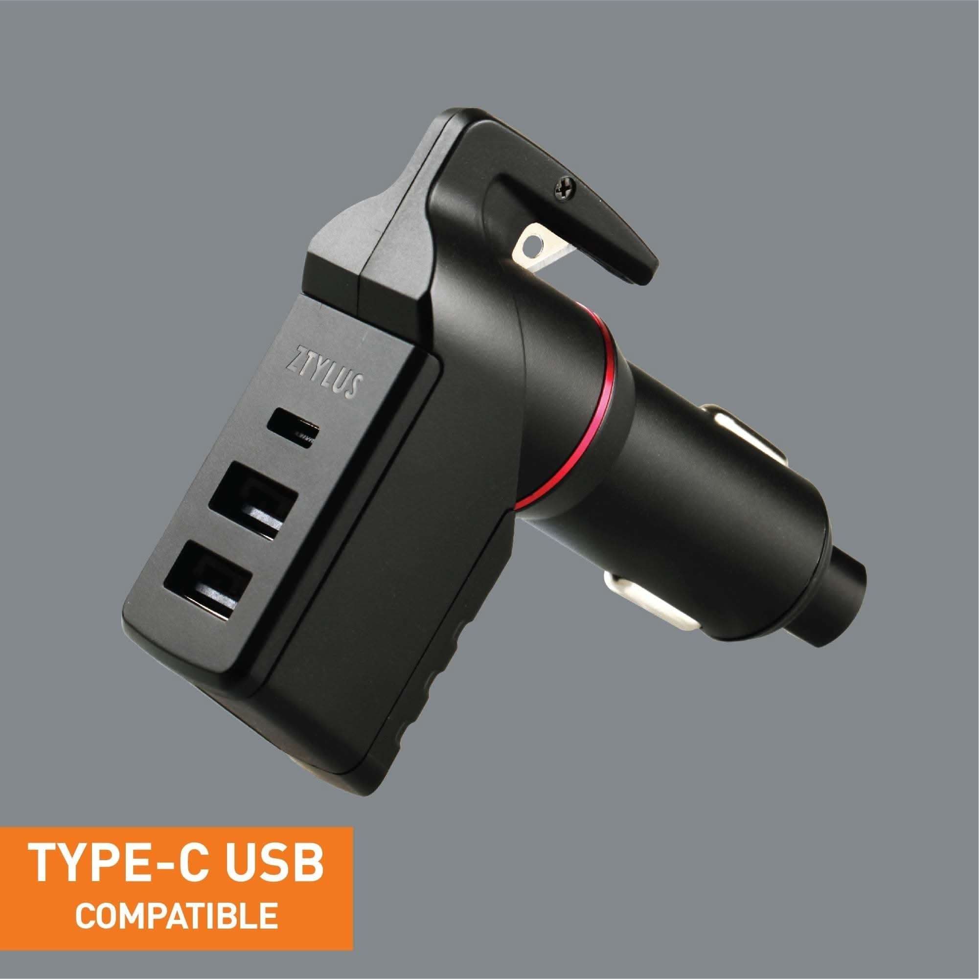 Black USB car charger with integrated emergency seatbelt cutter and window breaker tool