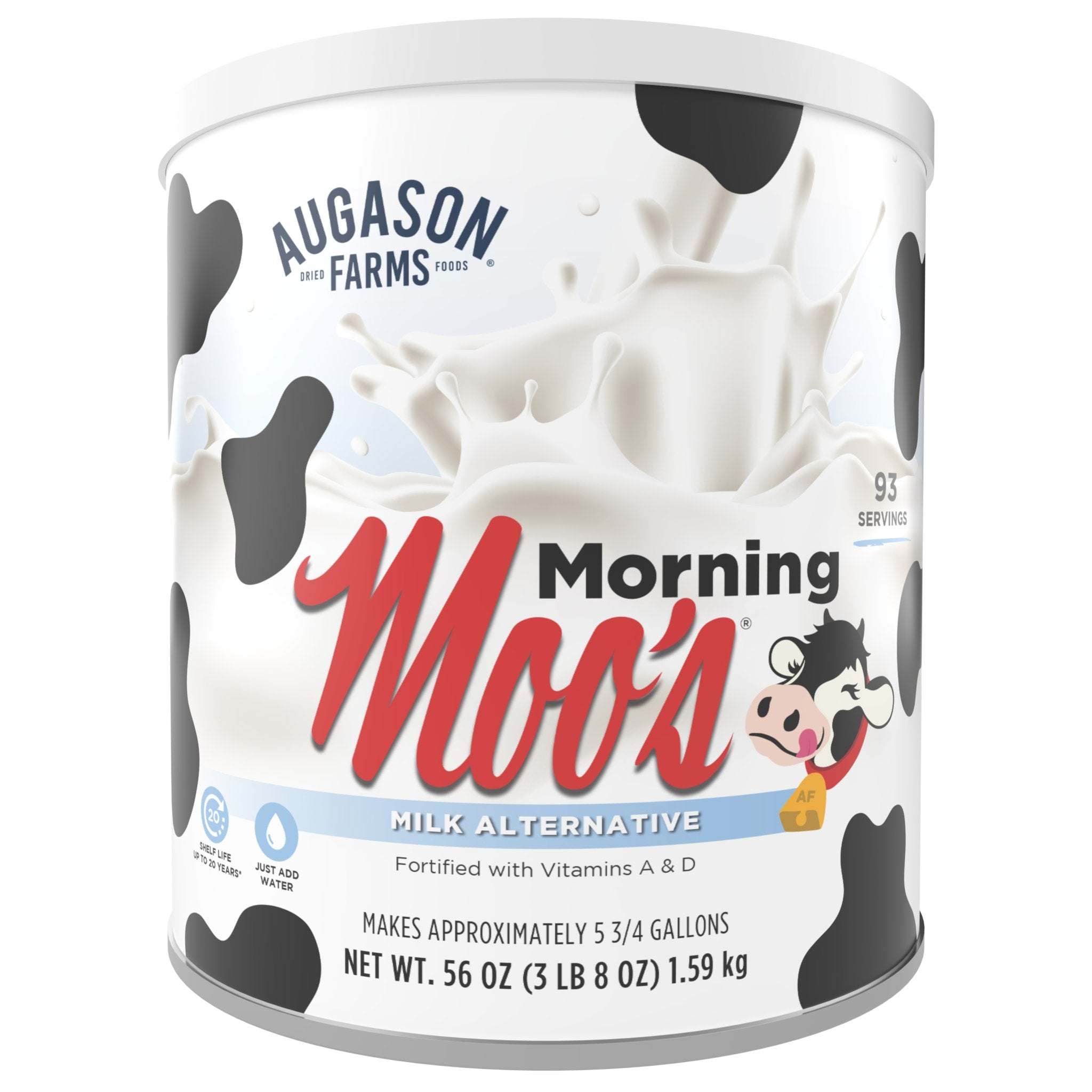 Augason Farms Morning Moo's Milk Alternative can with creamy whey-based milk substitute, 93 servings, fortified with vitamins A and D, shelf stable