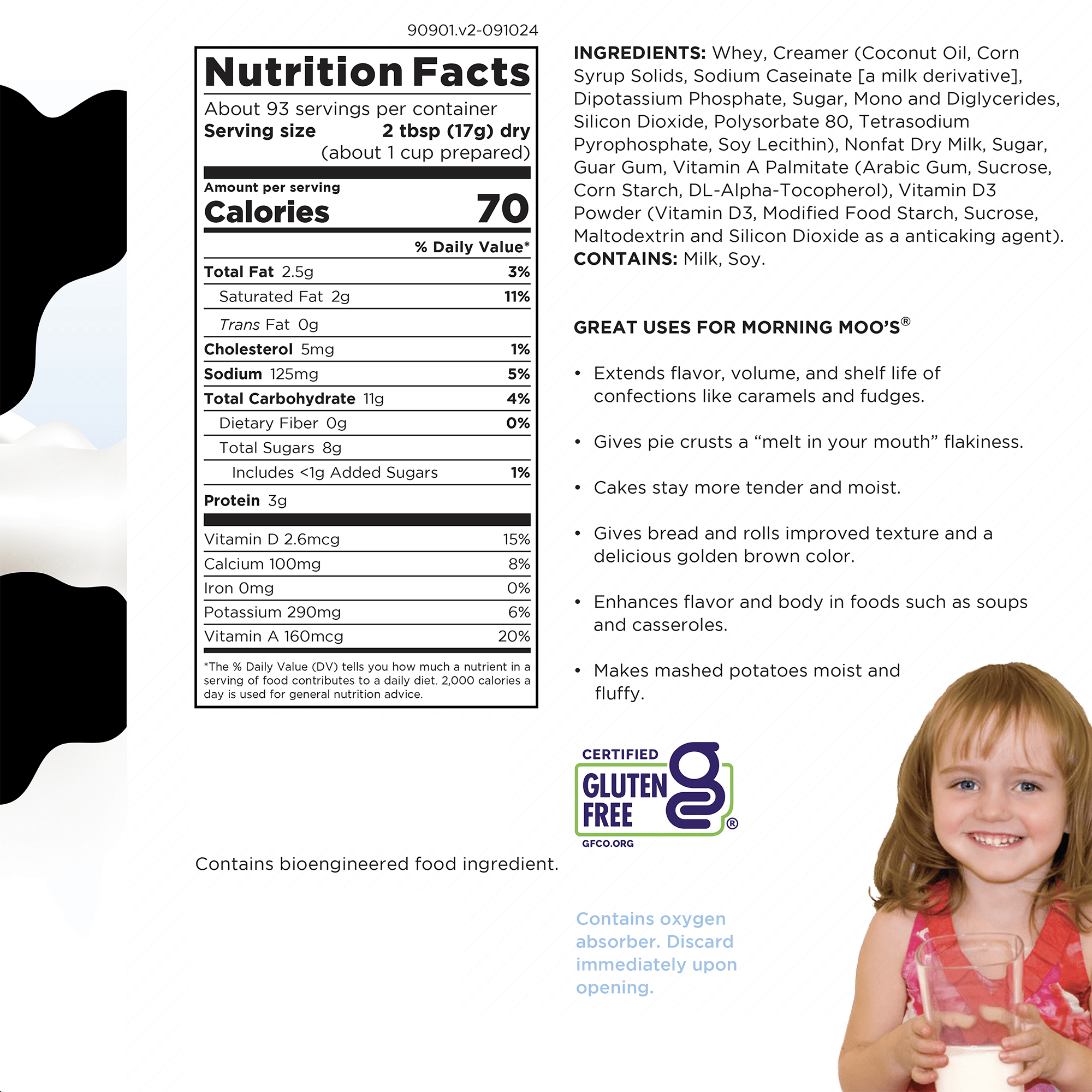 Augason Farms Morning Moo's Milk Alternative can with 93 servings, creamy whey-based shelf-stable milk substitute fortified with vitamins A and D