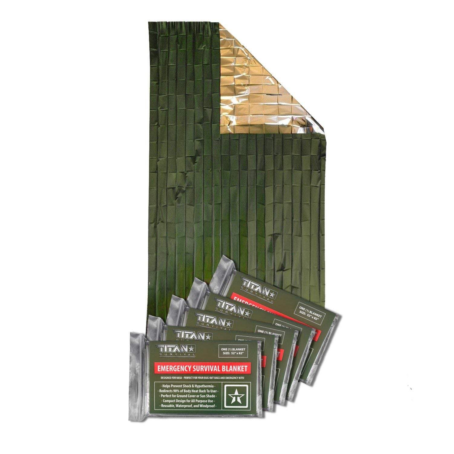 Five-pack of folded NASA-designed mylar emergency survival blankets for heat retention and weather protection