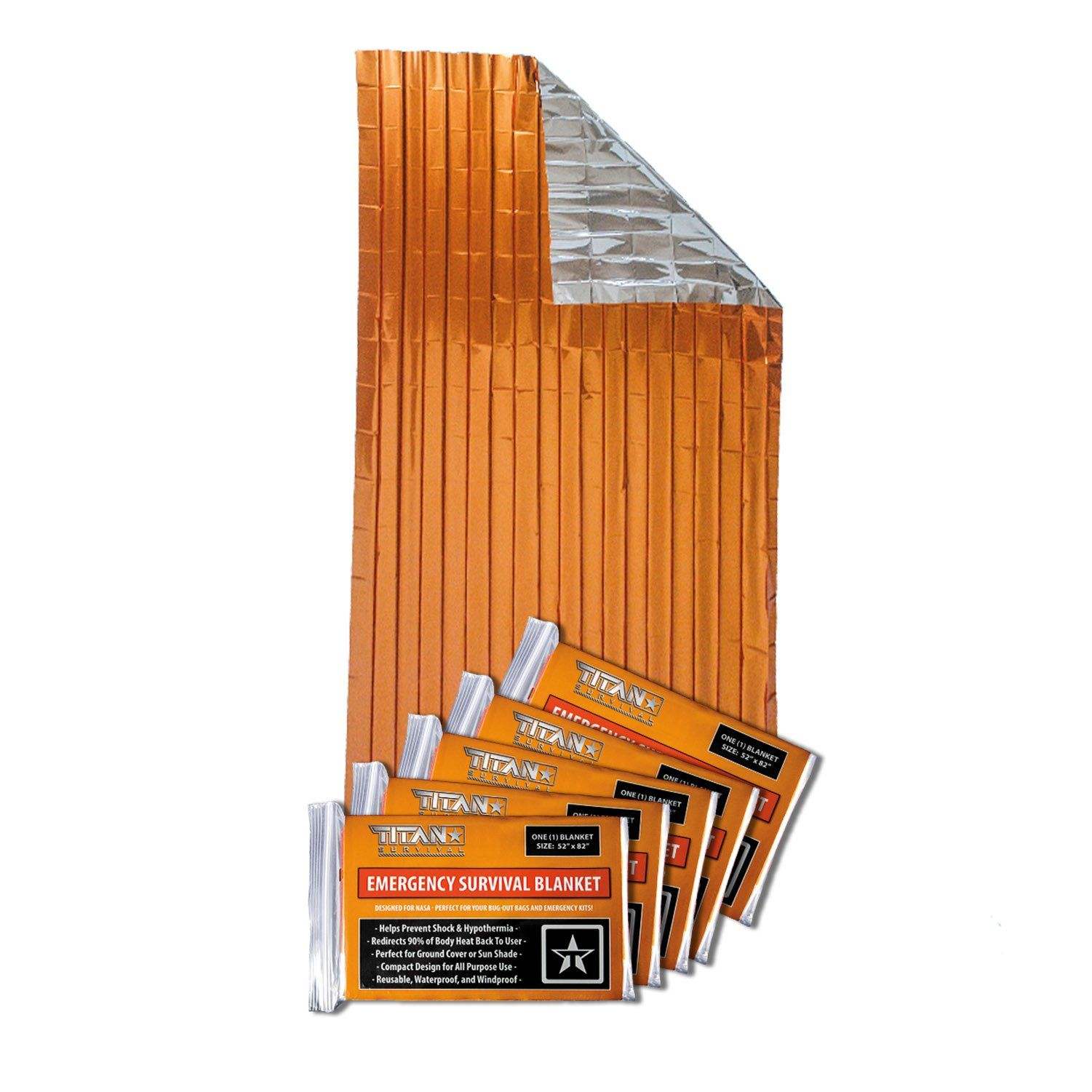 Pack of five NASA-designed Mylar emergency survival blankets in various colors, compact and lightweight for outdoor and emergency use