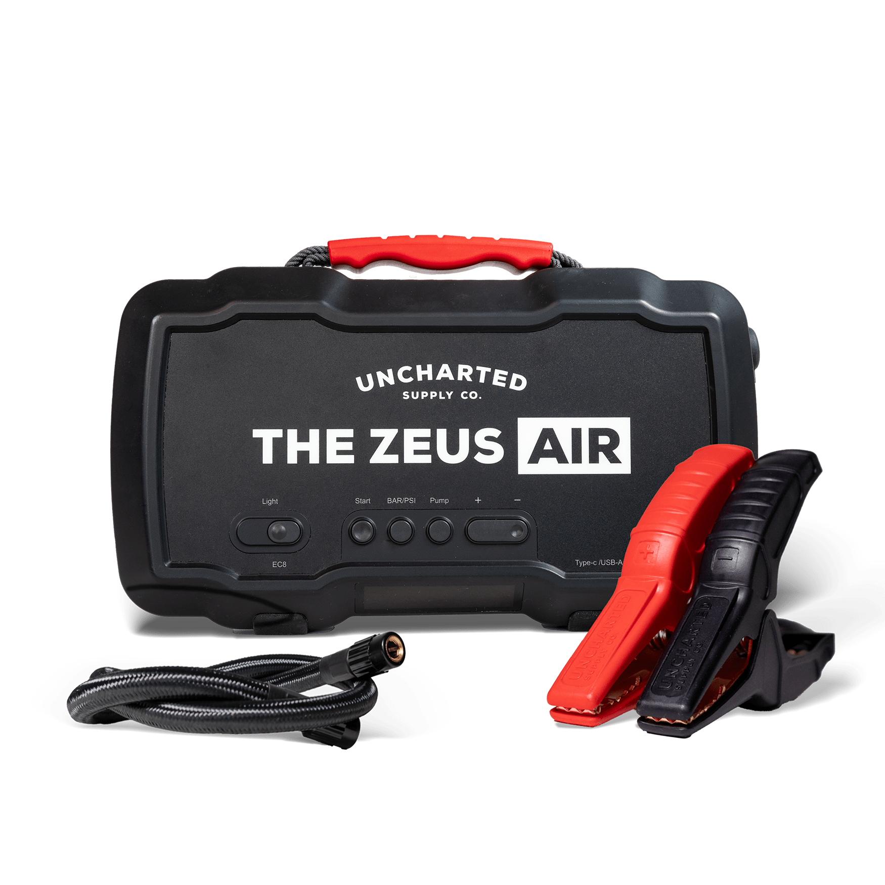 Zeus Air Jump Starter compact device with jump starter, 150 PSI air inflator, USB charging, and LED light in rugged case
