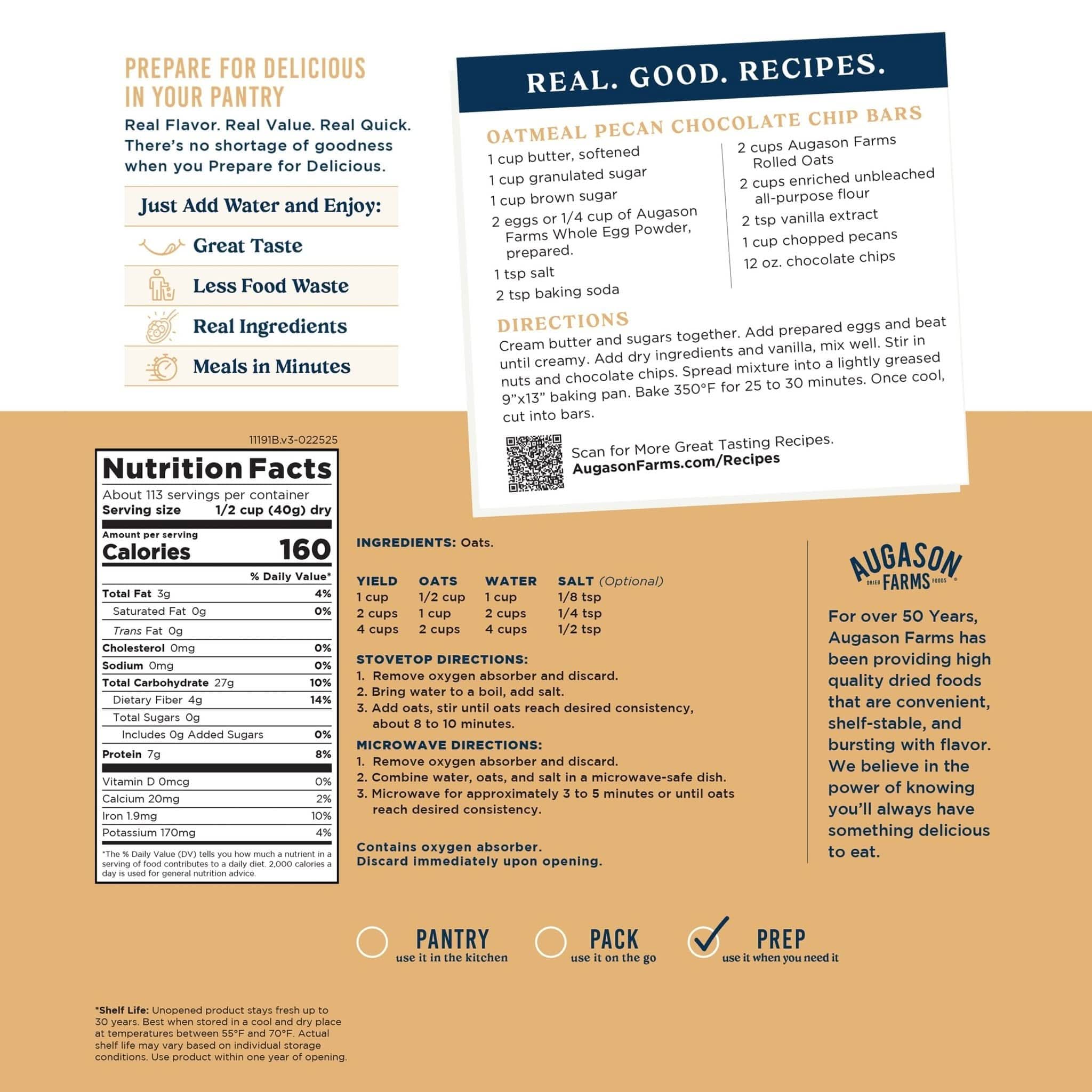 Augason Farms Old Fashioned Rolled Oats 4 Gallon Pail, 113 Servings Old Fashioned Rolled Oats 4-Gallon Pail - 113 Servings