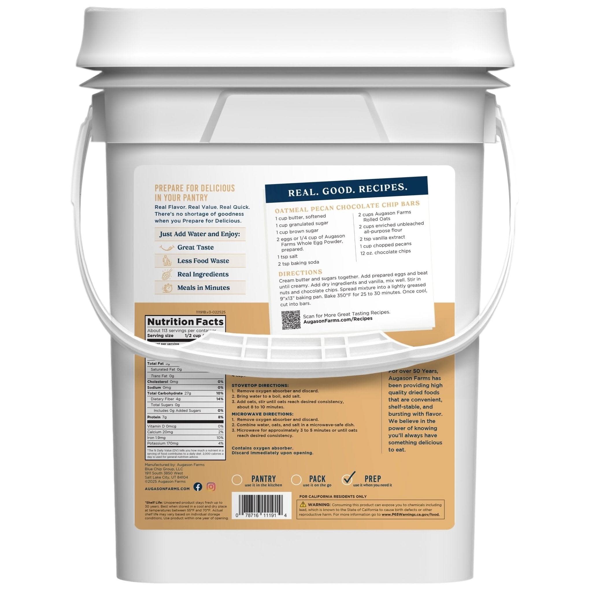 Augason Farms Old Fashioned Rolled Oats 4 Gallon Pail, 113 Servings Old Fashioned Rolled Oats 4-Gallon Pail - 113 Servings