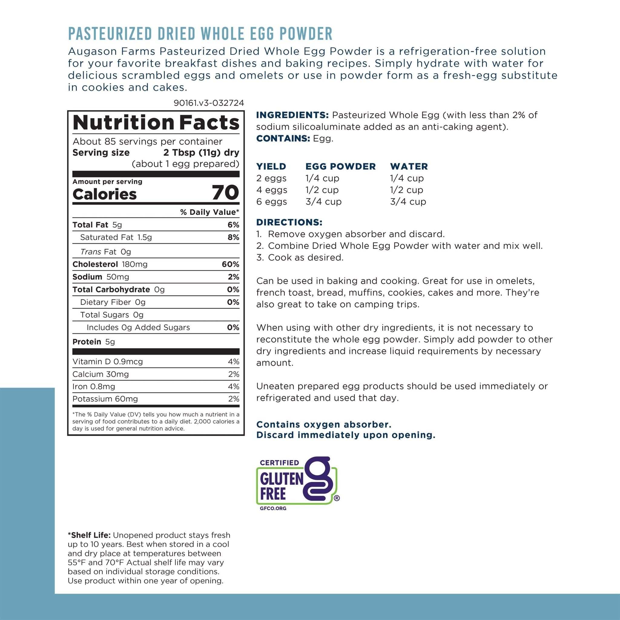 Can of pasteurized dried whole egg powder with nutritional information and serving size on label