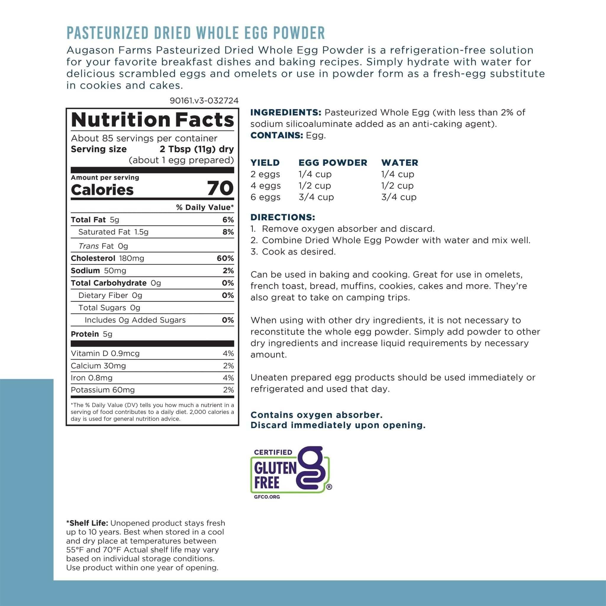 Augason Farms Pasteurized Dried Whole Egg Powder Can, 85 Servings Pasteurized Dried Whole Egg Powder Can - 85 Servings