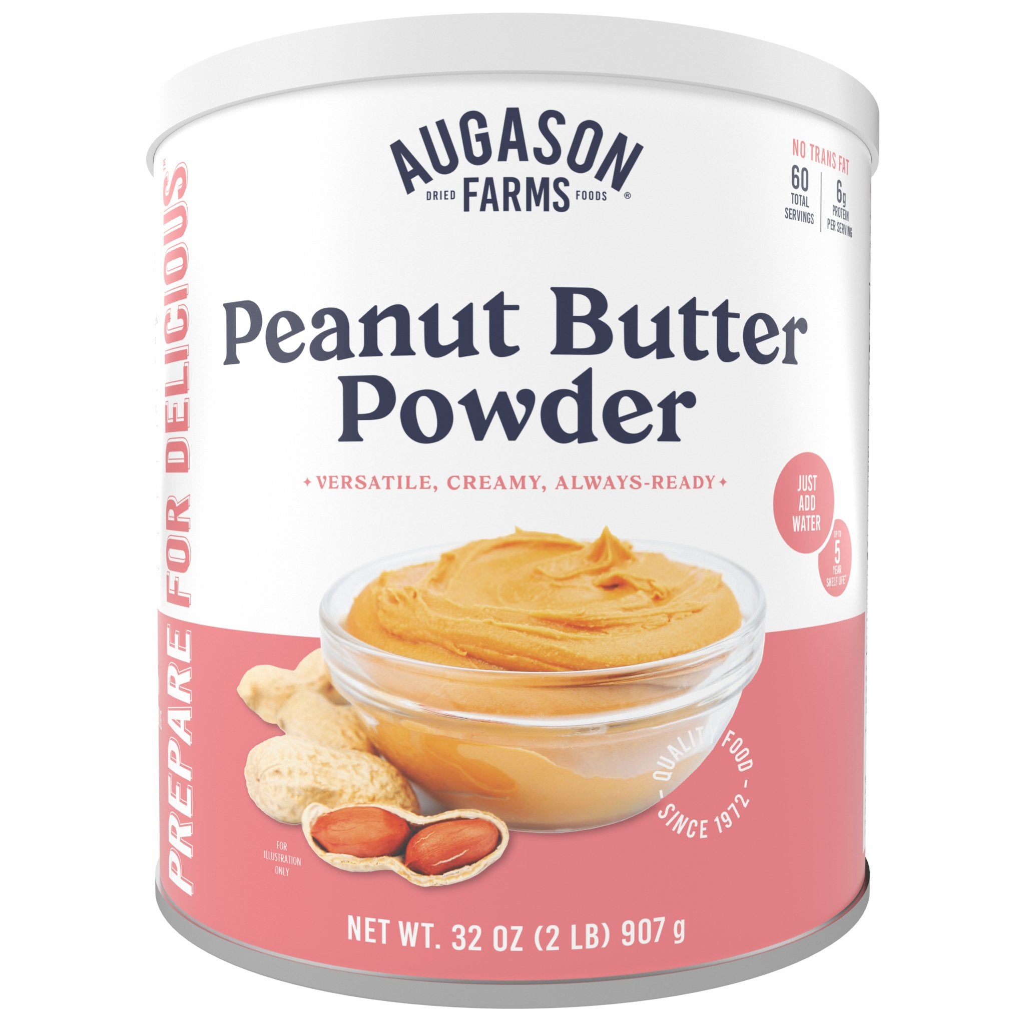 Can of Augason Farms Peanut Butter Powder with 60 servings, shelf-stable and protein-rich peanut butter powder