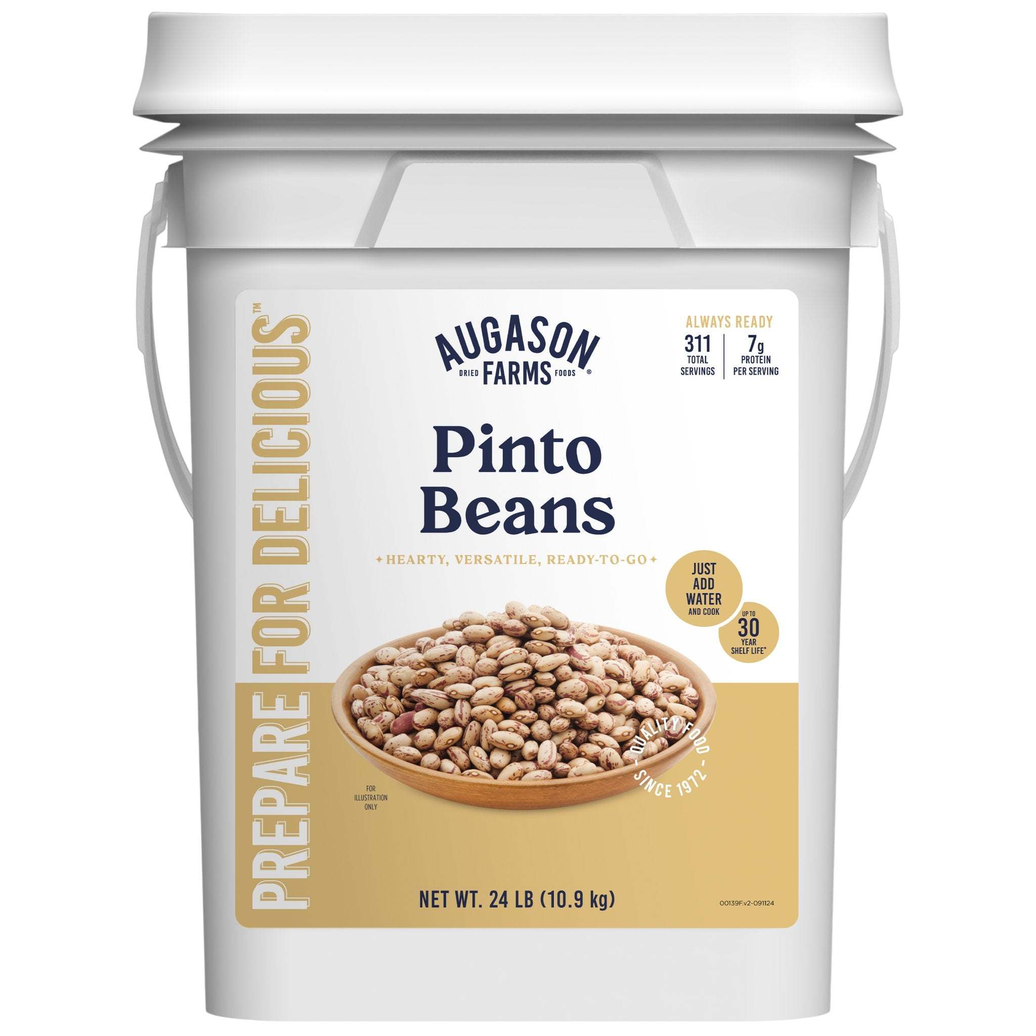 4-gallon pail of dried pinto beans with resealable lid and label showing 311 servings