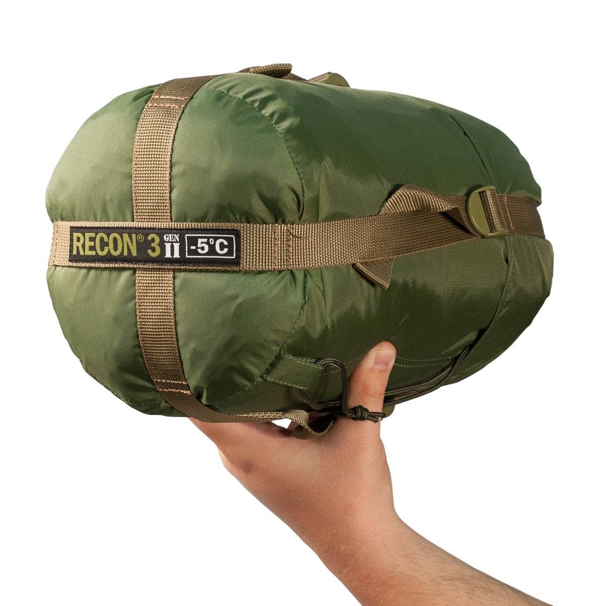 Army green Recon 4 Sleeping Bag rated to 14°F with waterproof nylon shell and Thermolite insulation