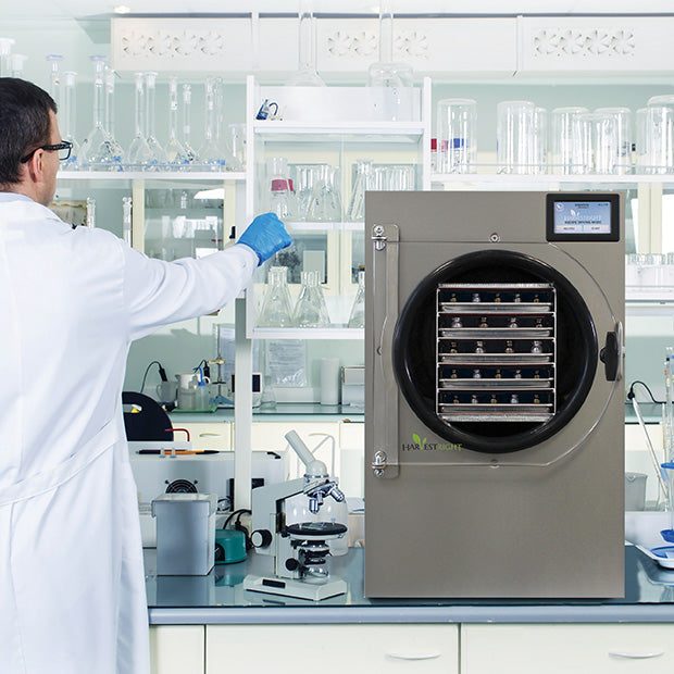Large scientific stainless steel freeze dryer with touchscreen and 6-tray capacity