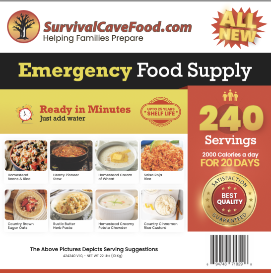 Survival Cave Ultimate 240-serving emergency meal kit with 25-year shelf life and high-calorie survival food made in USA