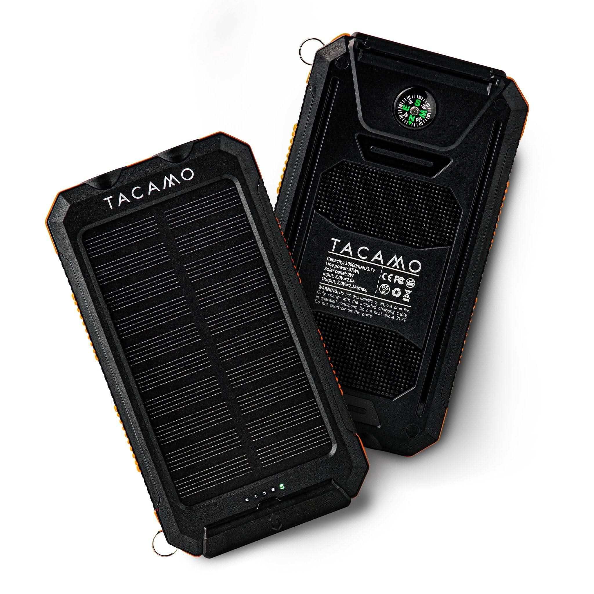 Portable solar power bank with USB ports, dual LED flashlight, and emergency compass for outdoor use