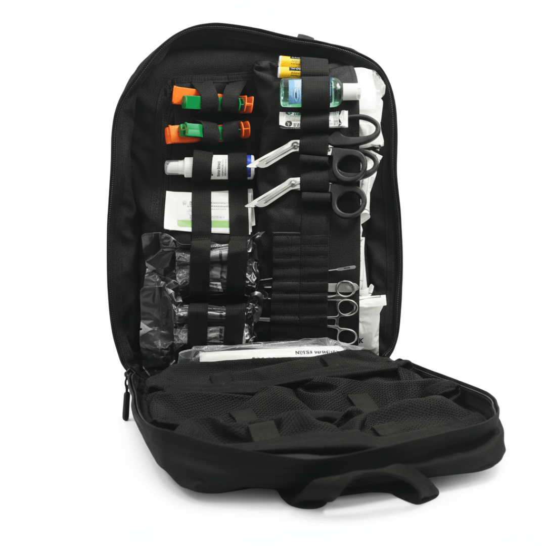 STOMP Medical Backpack fully stocked with professional-grade medical supplies and MOLLE-compatible design for tactical and emergency response teams