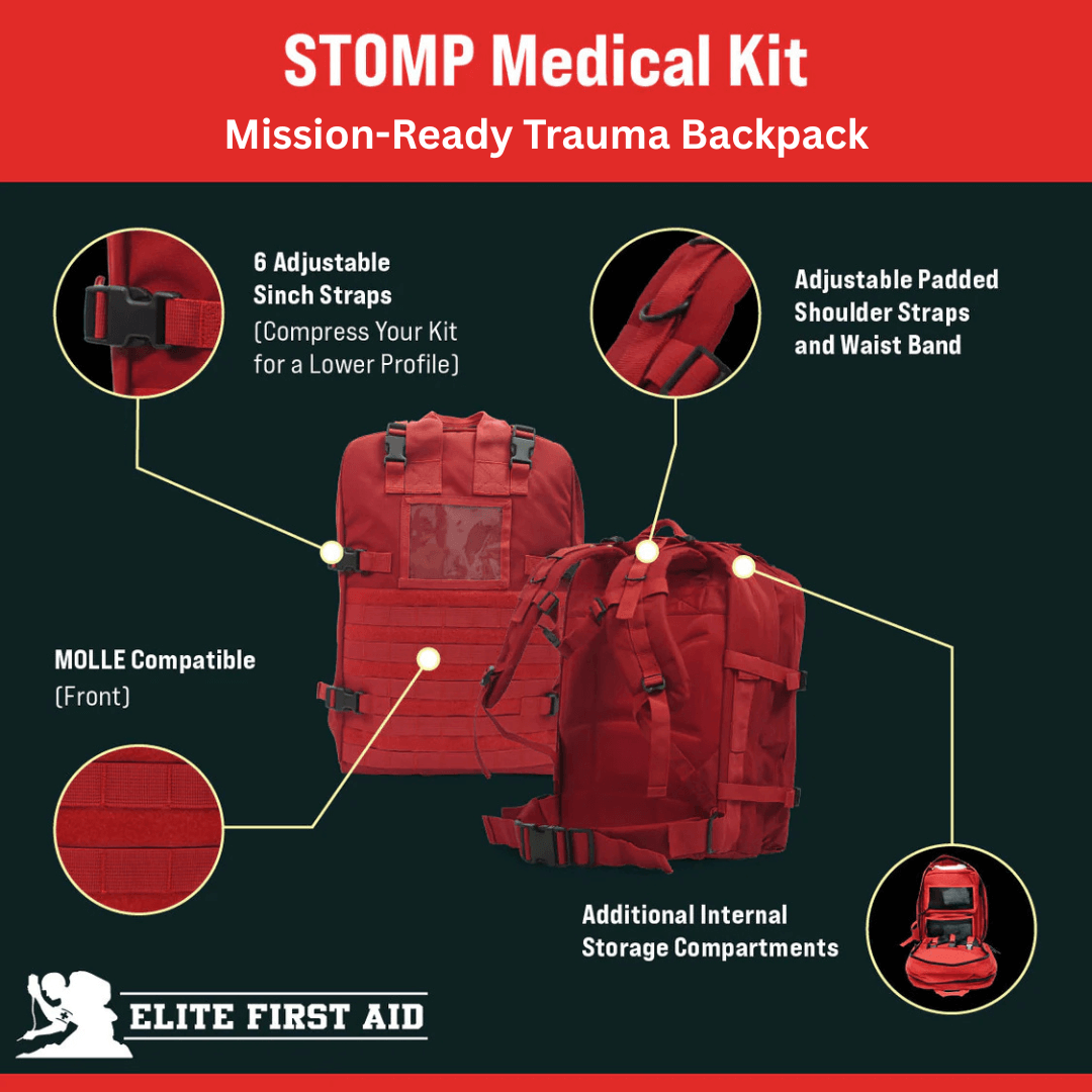 STOMP Medical Backpack fully stocked with over 300 professional-grade medical supplies for tactical and emergency use