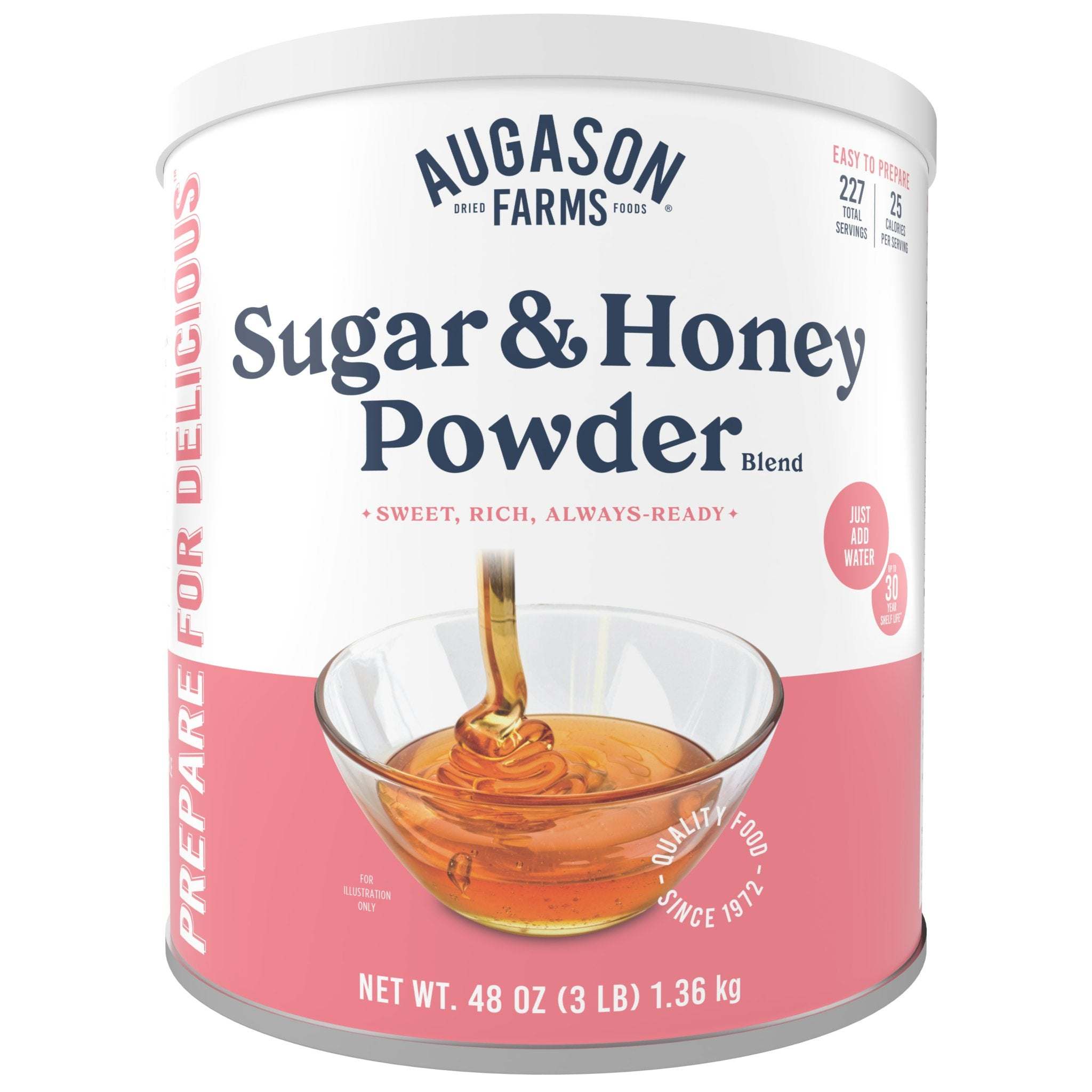 Can of Augason Farm sugar & honey powder blend for 227 servings with natural honey powder and liquid honey option