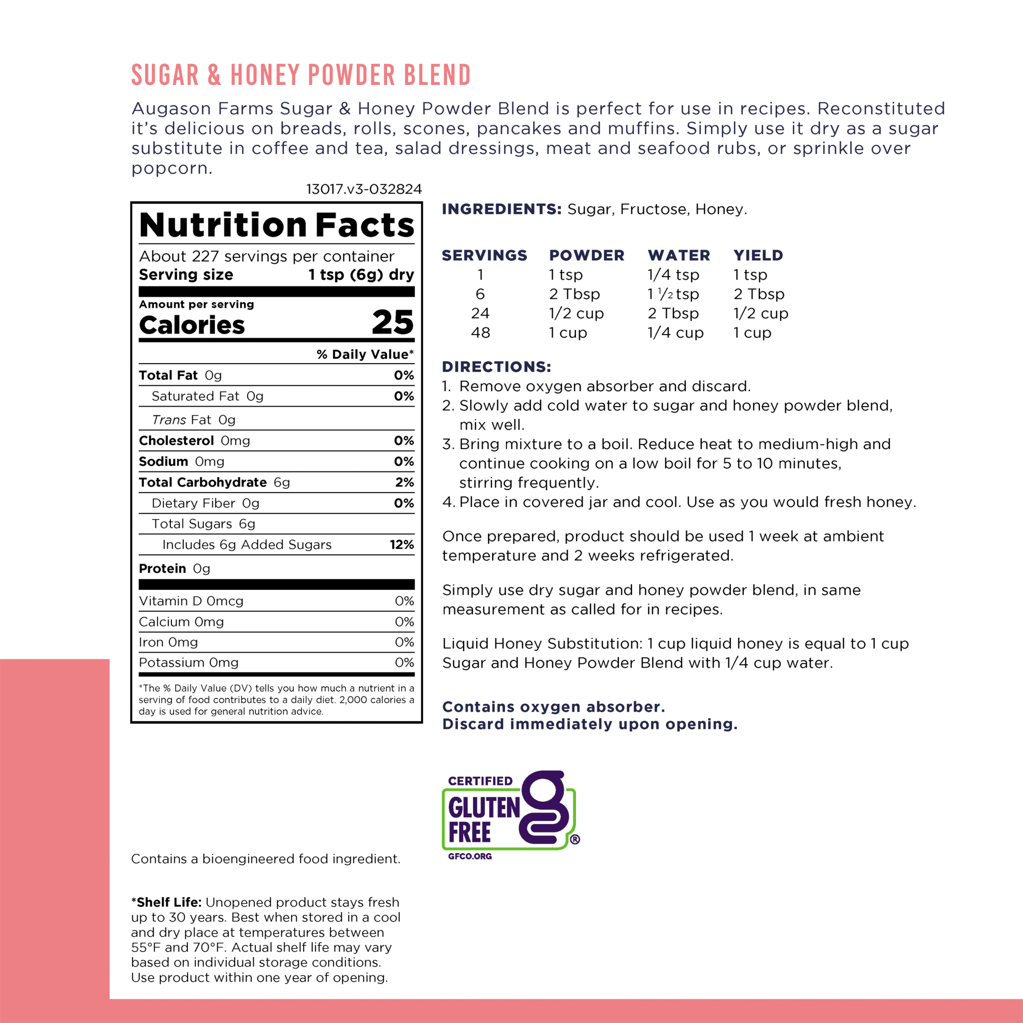 Augason Farm sugar and honey powder blend can with 227 servings and natural honey ingredients