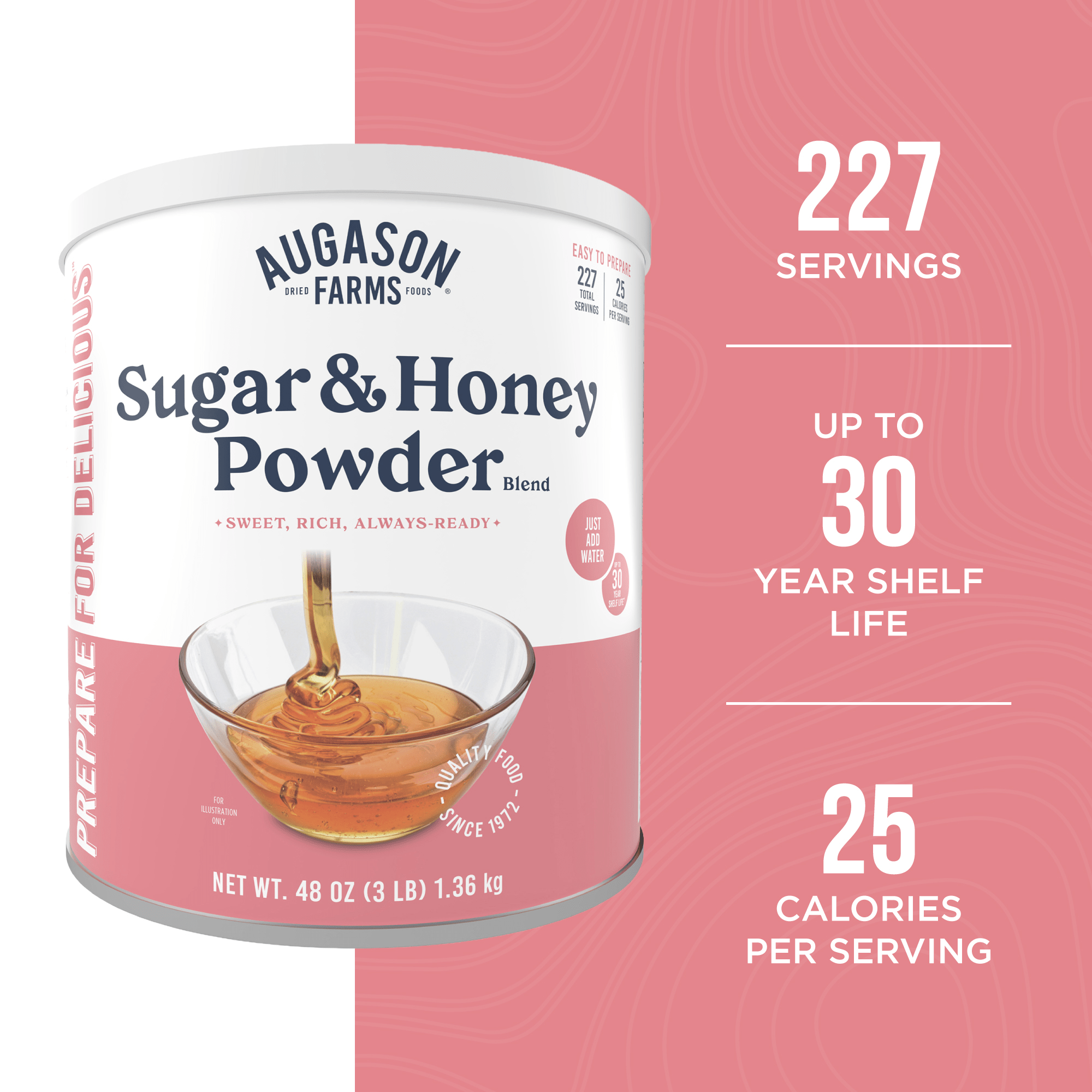 Augason Farms sugar & honey powder blend can with 227 servings and natural honey content