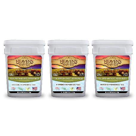 3 Pack Survival Breakfast Kit with multi-grain cereal, granola, oatmeal, pancake mix, and dry milk in stackable buckets