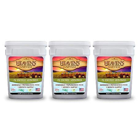 Three 4-gallon buckets of freeze-dried 3 Pack Entree Kit with 216 servings and meal variety