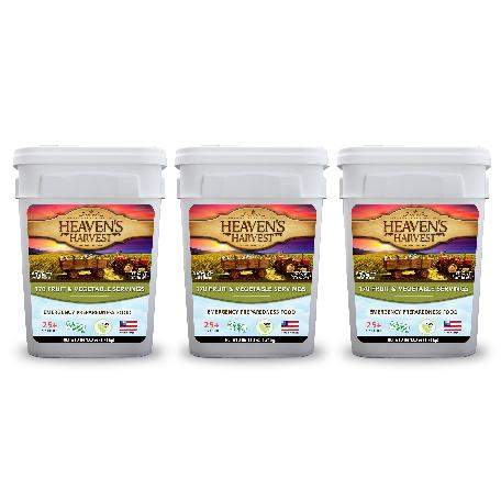3 Pack Fruit & Vegetable Kit with freeze-dried apples, bananas, pineapple, potato dices, and corn in stackable buckets for 510 servings