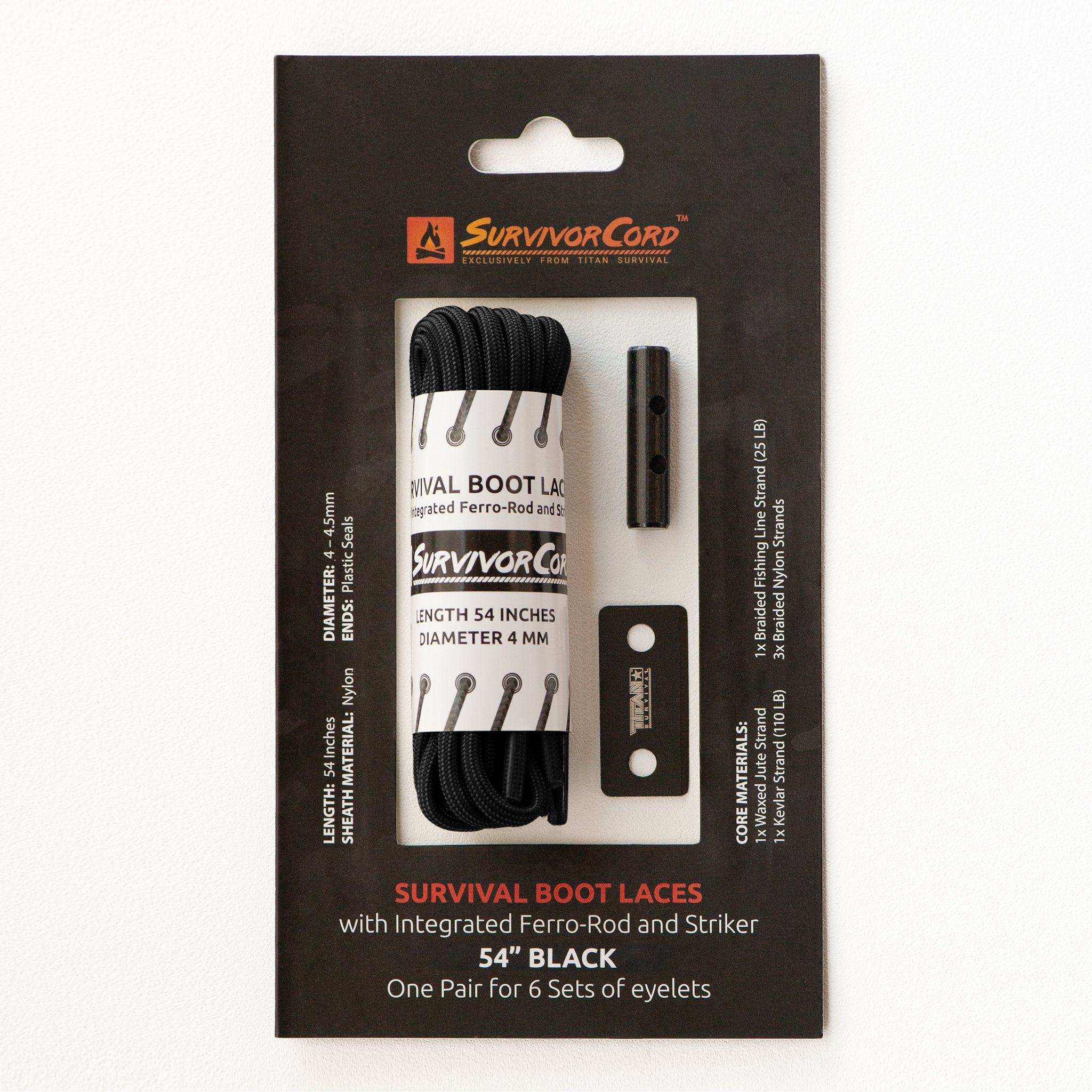 Pair of SurvivorCord Survival Boot Laces with firefighting and fishing line core components
