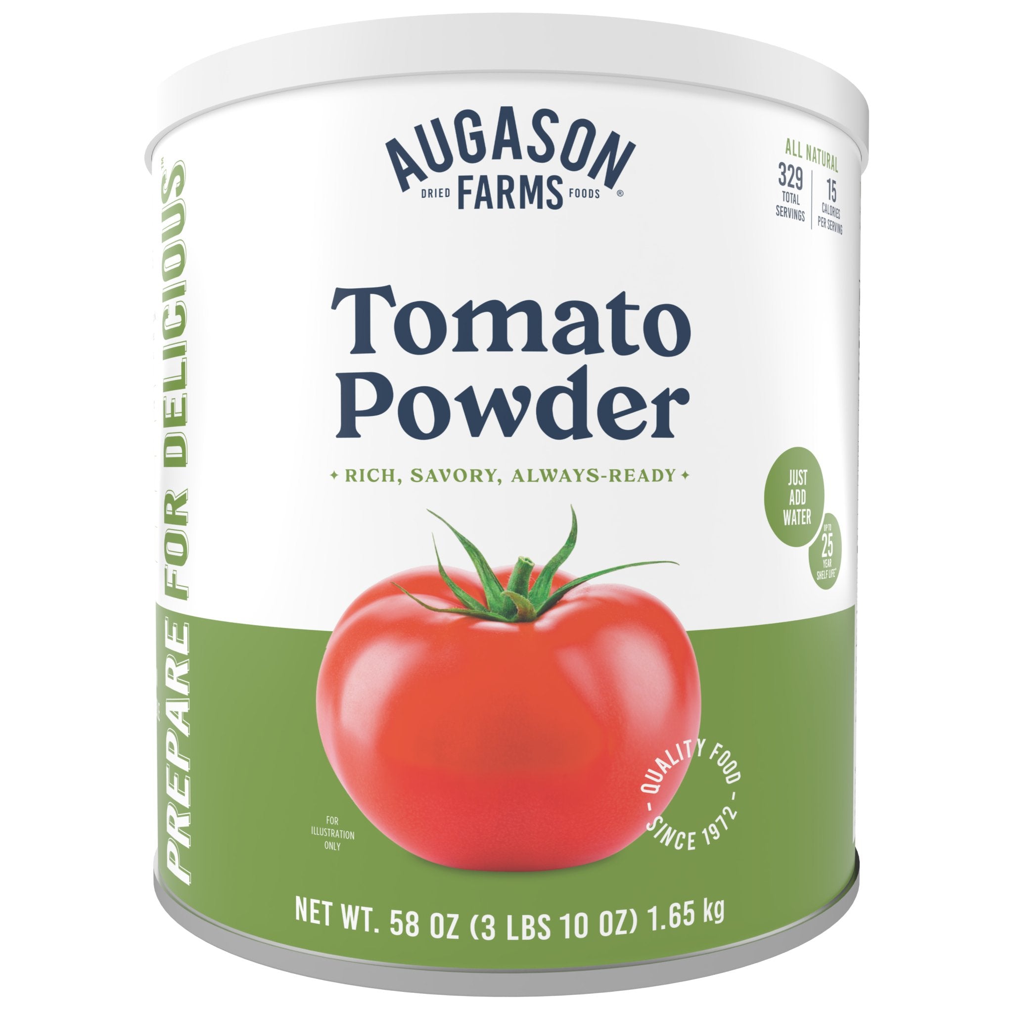 Augason Farms Tomato Powder Can with 329 servings, made from 100% real tomatoes for soups, sauces, and long-term storage