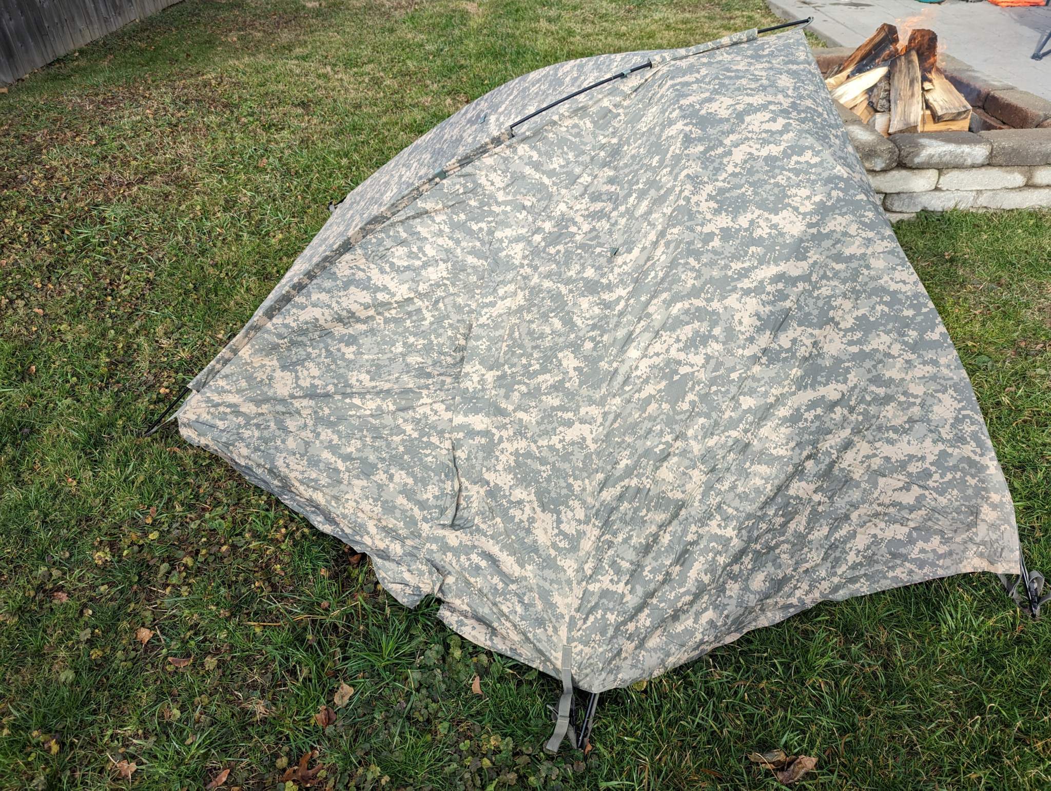 U.S. Military Improved Combat Shelter in ACU digital camouflage, one-person tactical tent with waterproof Gore-Tex fabric and lightweight aluminum poles for all-weather protection