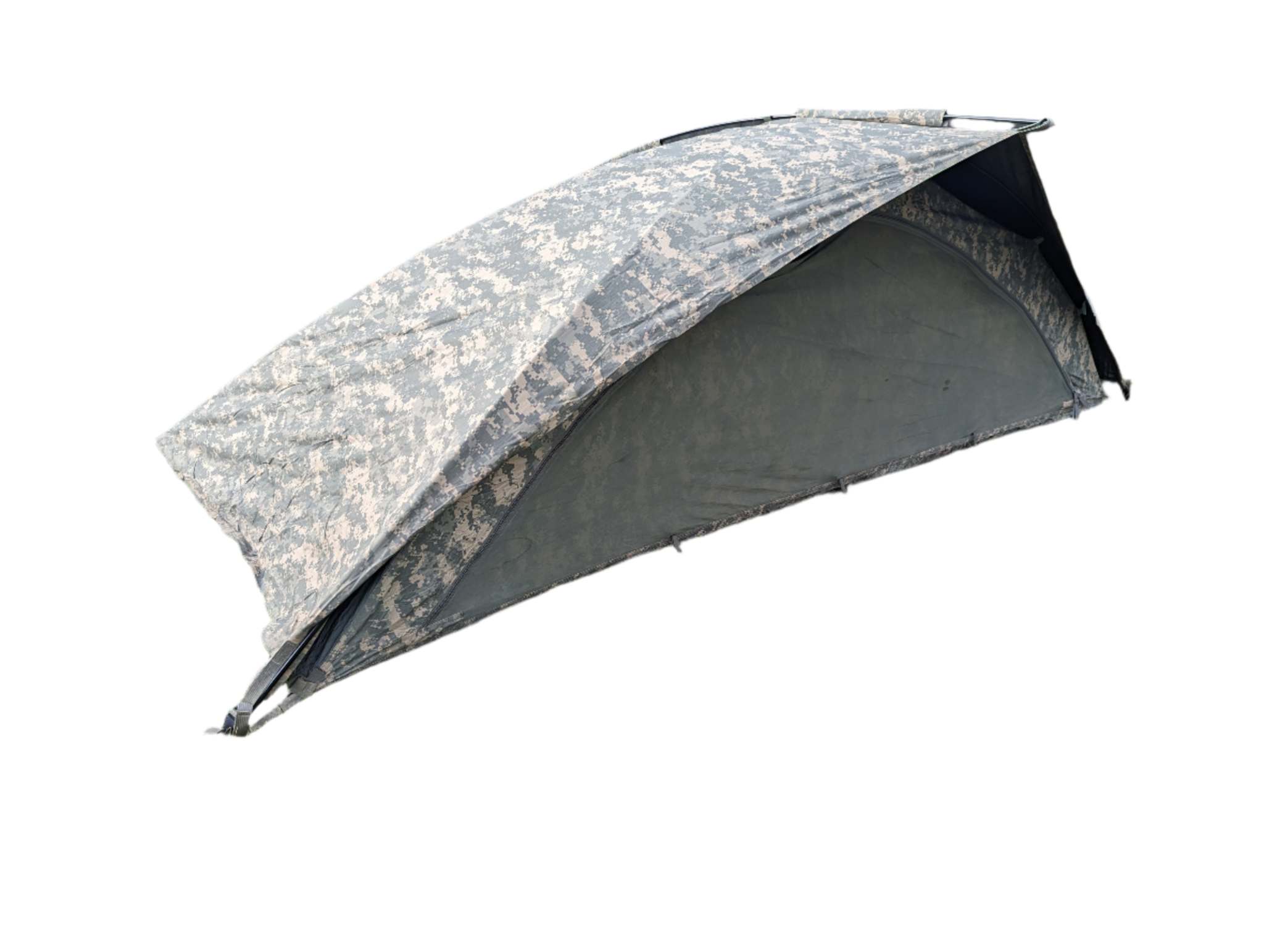 U.S. Military Improved Combat Shelter in ACU digital camouflage, lightweight one-person tent with waterproof breathable GORE-TEX fabric and freestanding aluminum poles