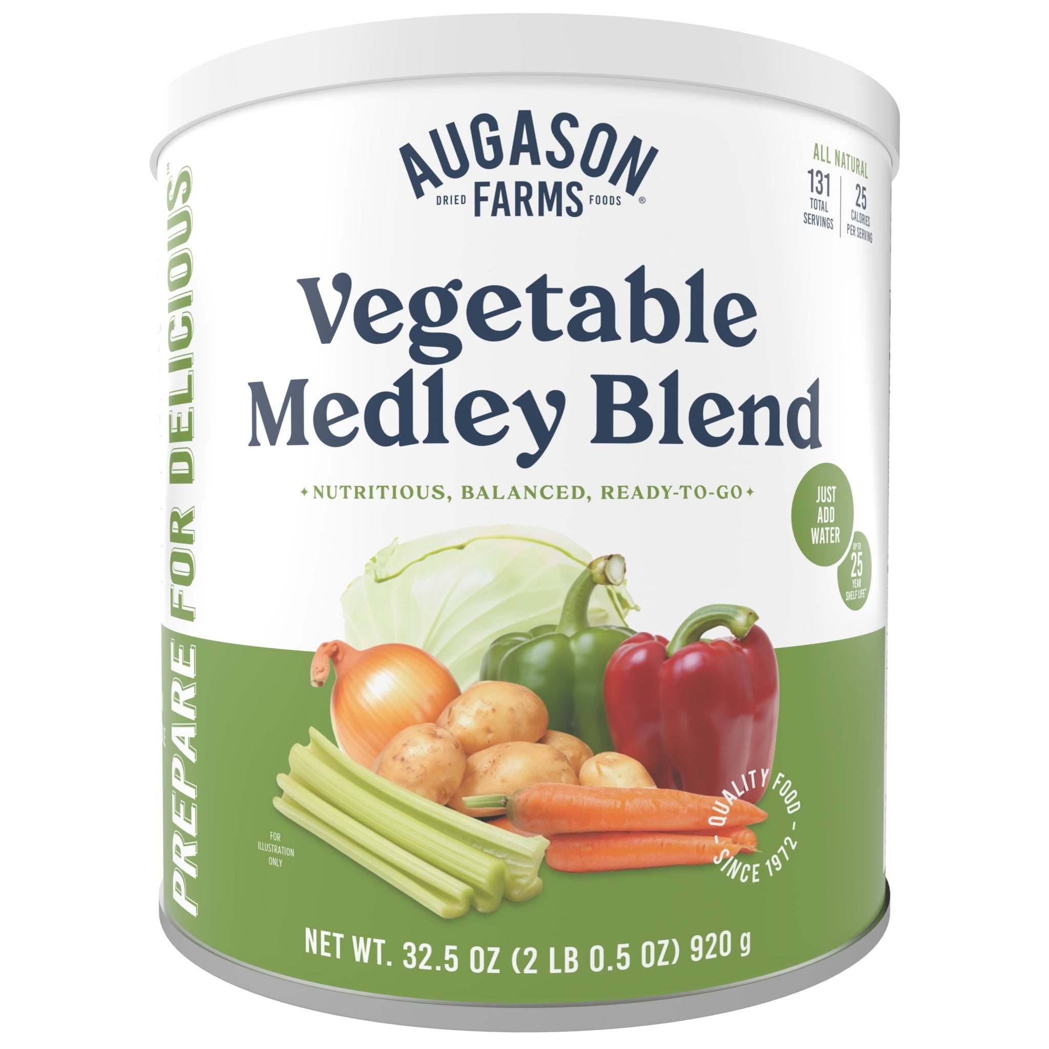 Augason Farms Vegetable Medley Blend can with mixed dried vegetables for soups and emergency food storage